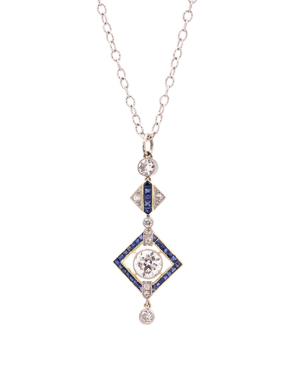 Vintage Art Deco Platinum & 18K WG OEC Diamond Sapphire Necklace 1.20ct circa 19 In Excellent Condition For Sale In West Hollywood, CA
