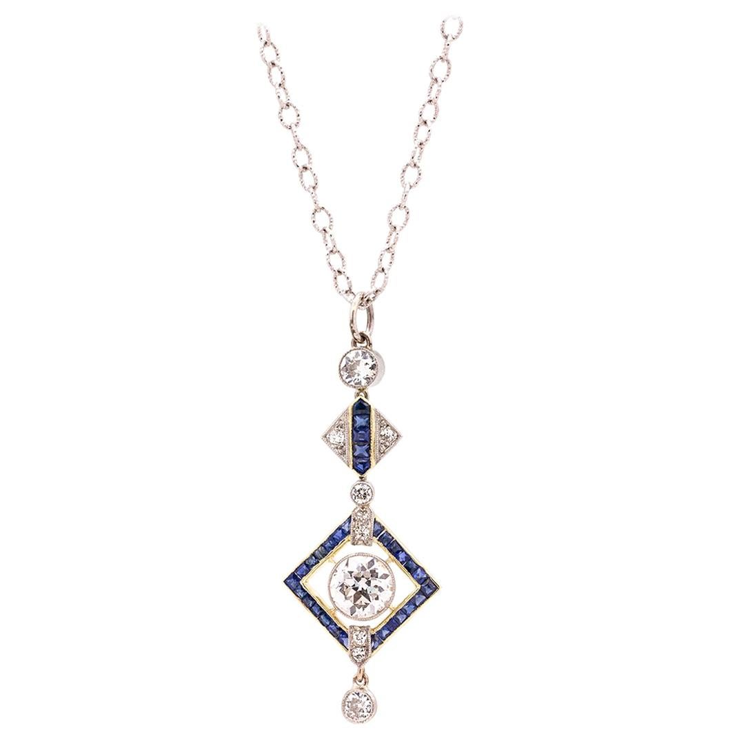 Vintage Art Deco Platinum & 18K WG OEC Diamond Sapphire Necklace 1.20ct circa 19 For Sale
