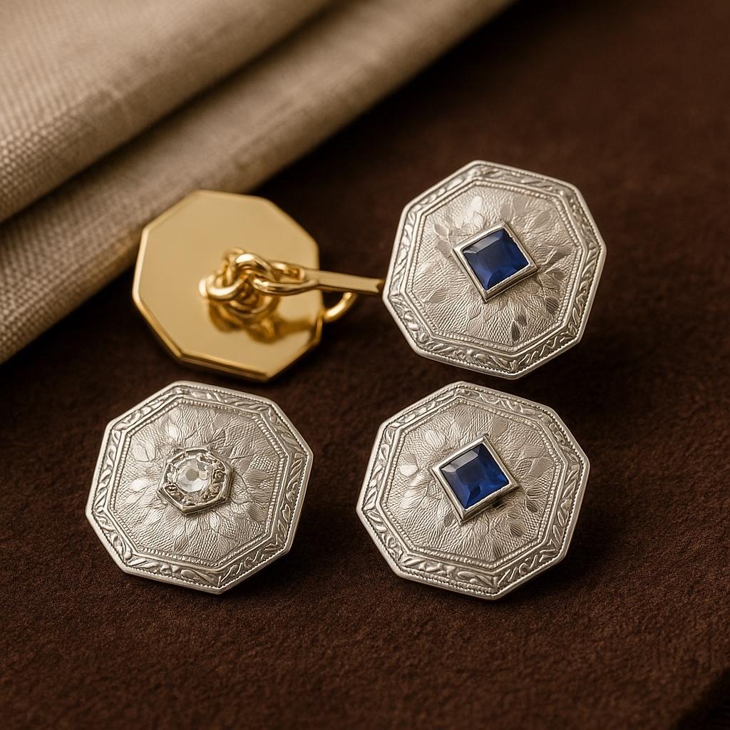A Striking Tribute to the Glamour of the 1920s-1930s
Enhance your formal attire with these Art Deco Period Cufflinks, masterfully blending platinum and 14K yellow gold for a luxe, two-toned statement. Embellished with old European cut diamonds and