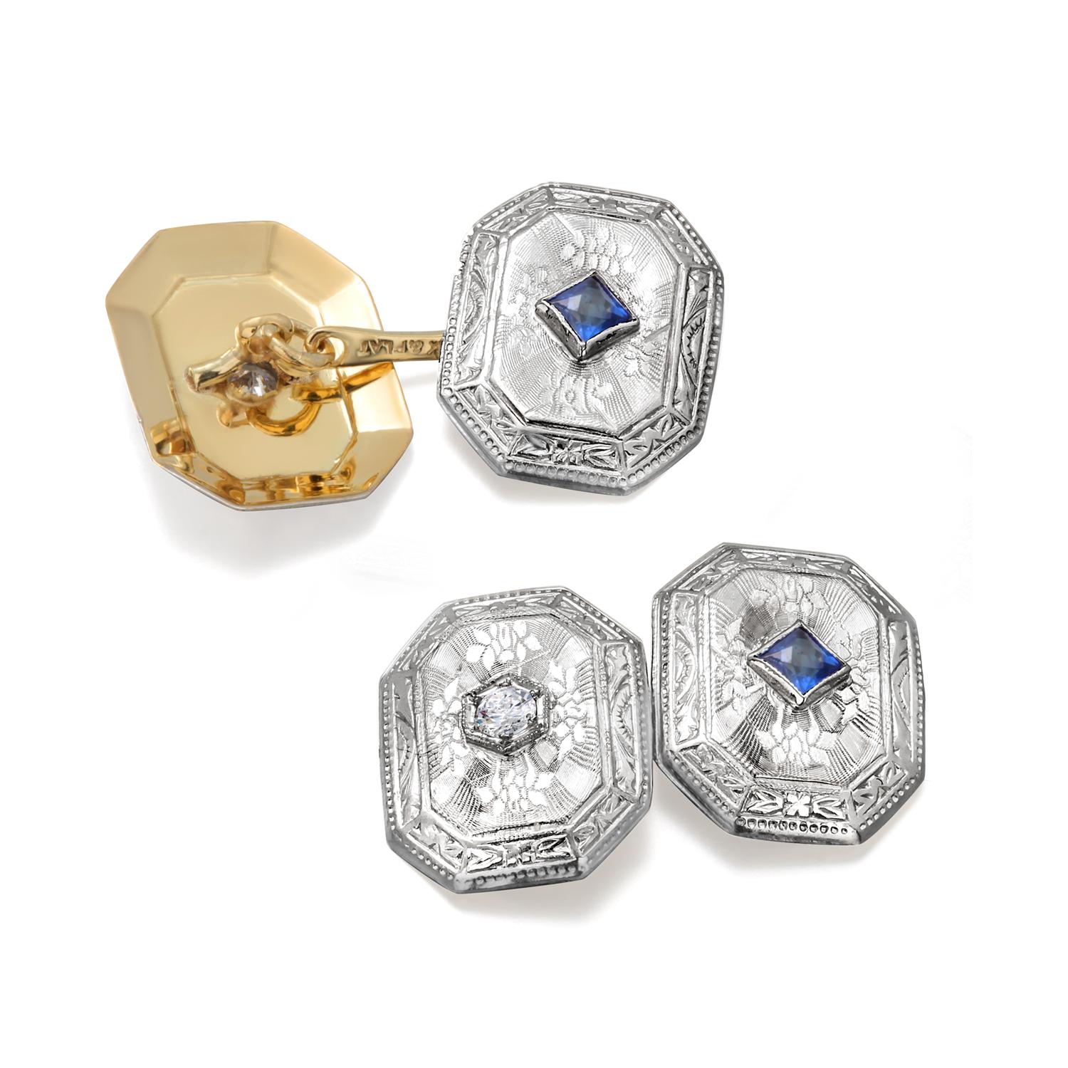 Vintage Art Deco Platinum and 14K Old European Diamond and Sapphire Cufflinks For Sale 1
