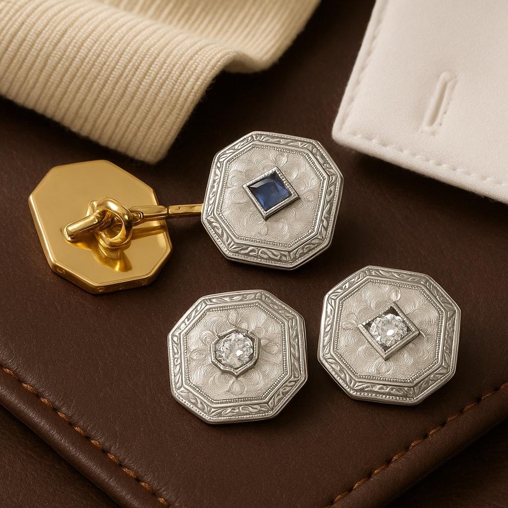 Vintage Art Deco Platinum and 14K Old European Diamond and Sapphire Cufflinks For Sale 2