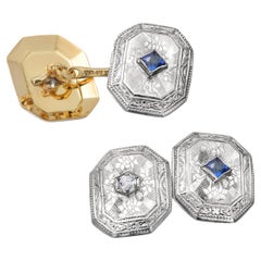 Vintage Art Deco Platinum and 14K Old European Diamond and Sapphire Cufflinks
