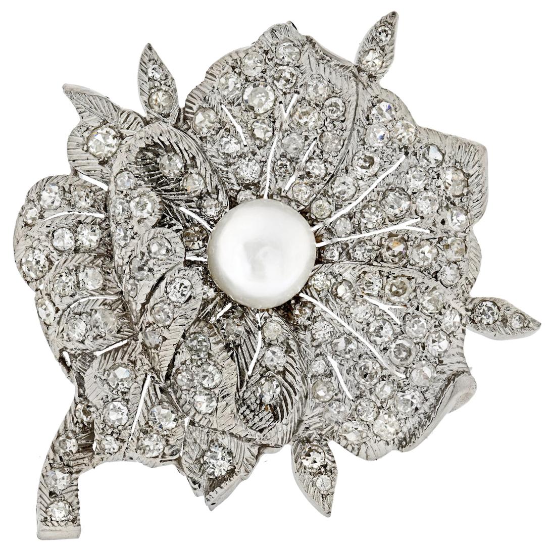Vintage Art Deco Platinum and Diamond Pearl Flower Brooch For Sale