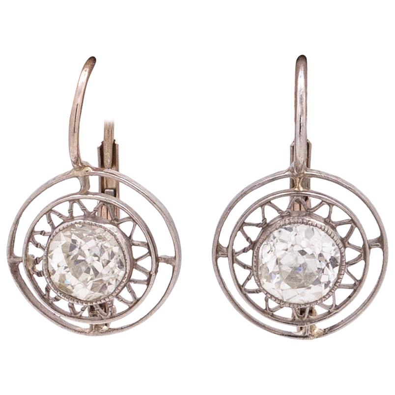 Vintage Art Deco Platinum and WG OEC Dangle Diamond Earrings 1.20 Carat For Sale