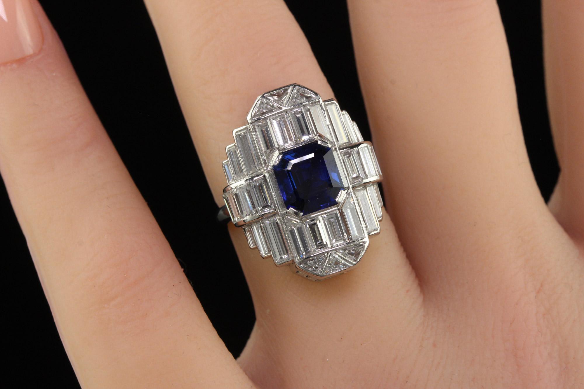 Vintage Art Deco Platinum Baguette Diamond and Sapphire Cocktail Ring - GIA For Sale 5