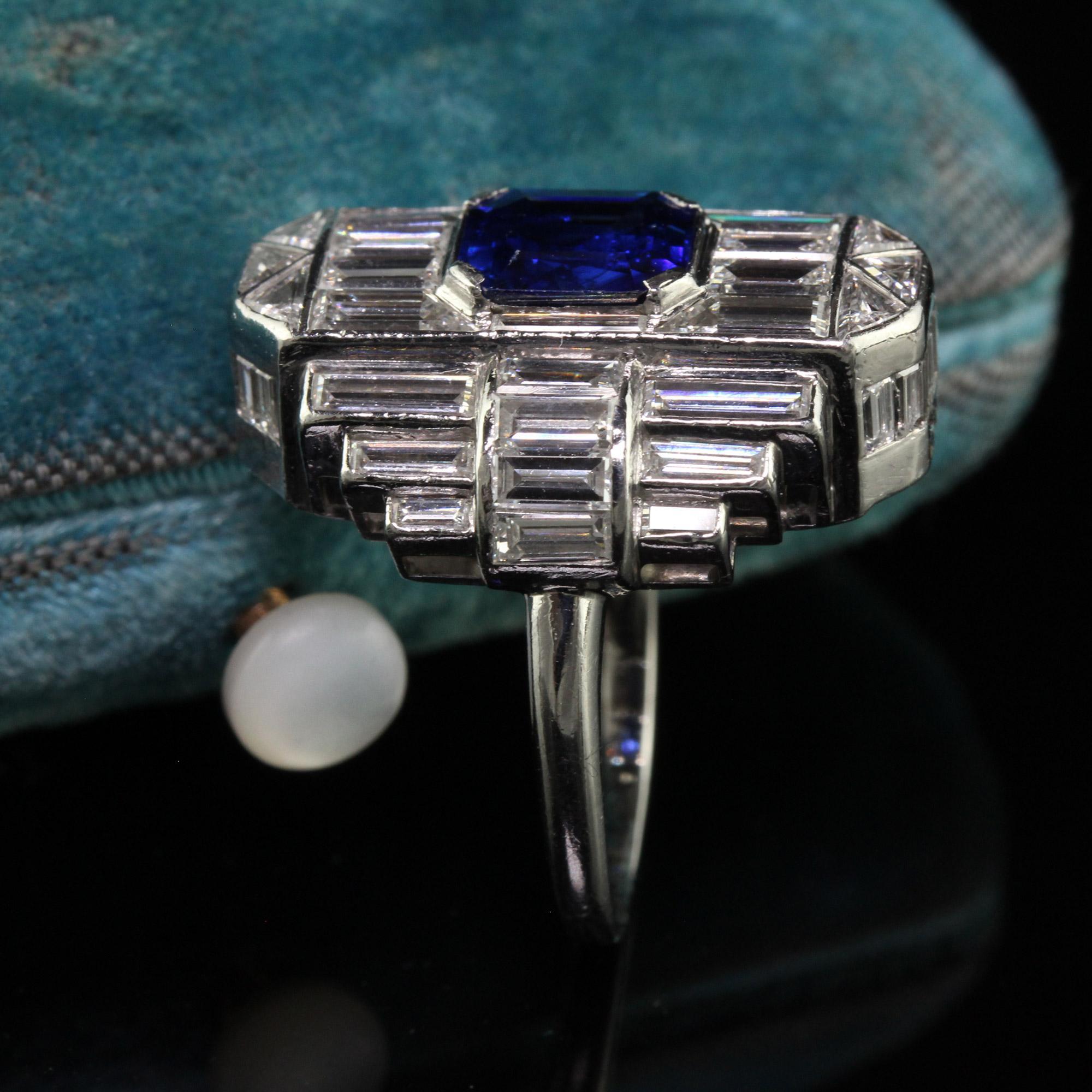 Octagon Cut Vintage Art Deco Platinum Baguette Diamond and Sapphire Cocktail Ring - GIA For Sale