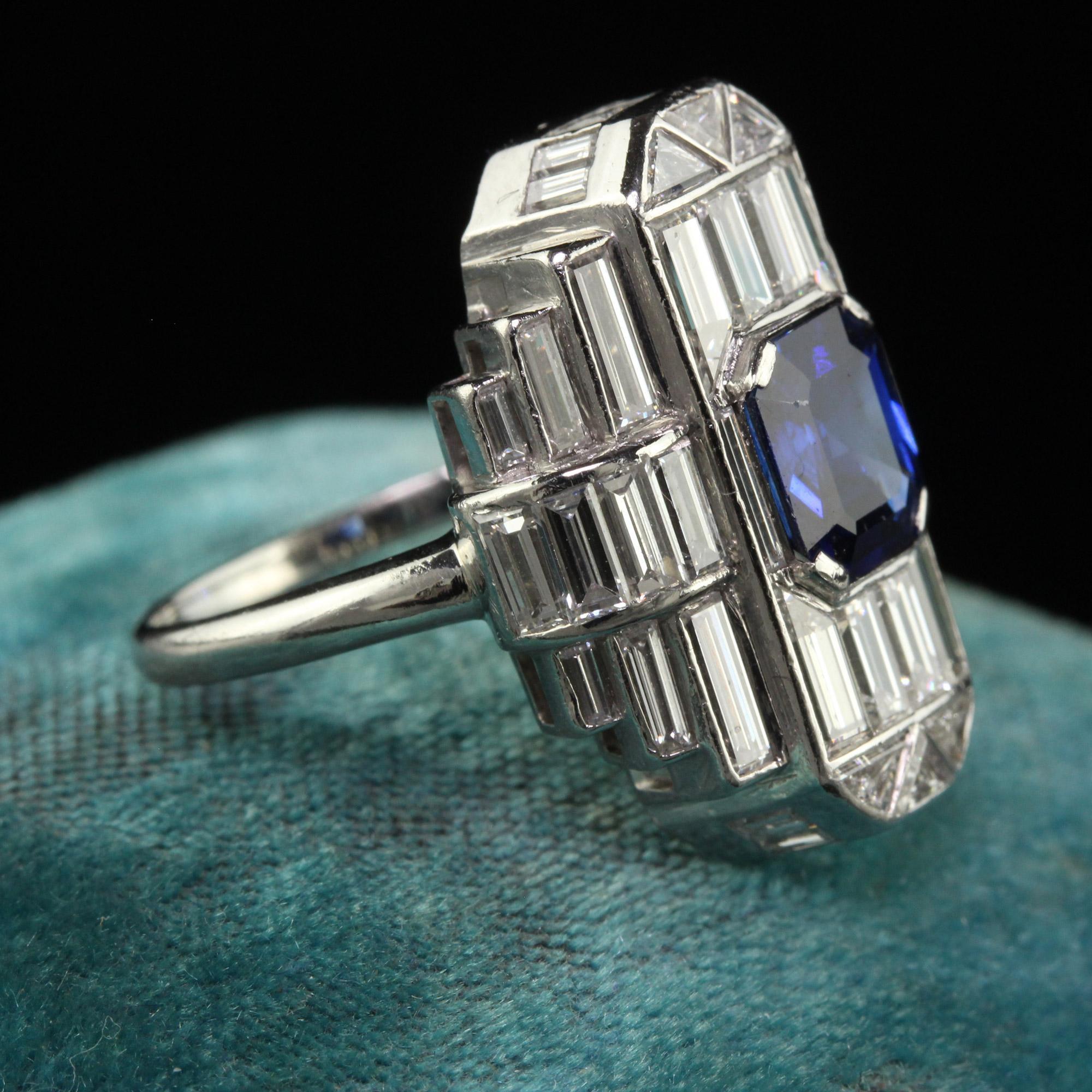 Women's Vintage Art Deco Platinum Baguette Diamond and Sapphire Cocktail Ring - GIA For Sale