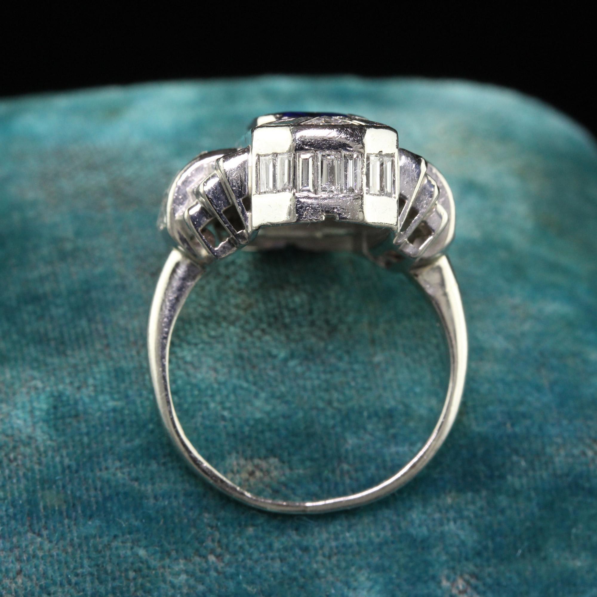 Vintage Art Deco Platinum Baguette Diamond and Sapphire Cocktail Ring - GIA For Sale 1