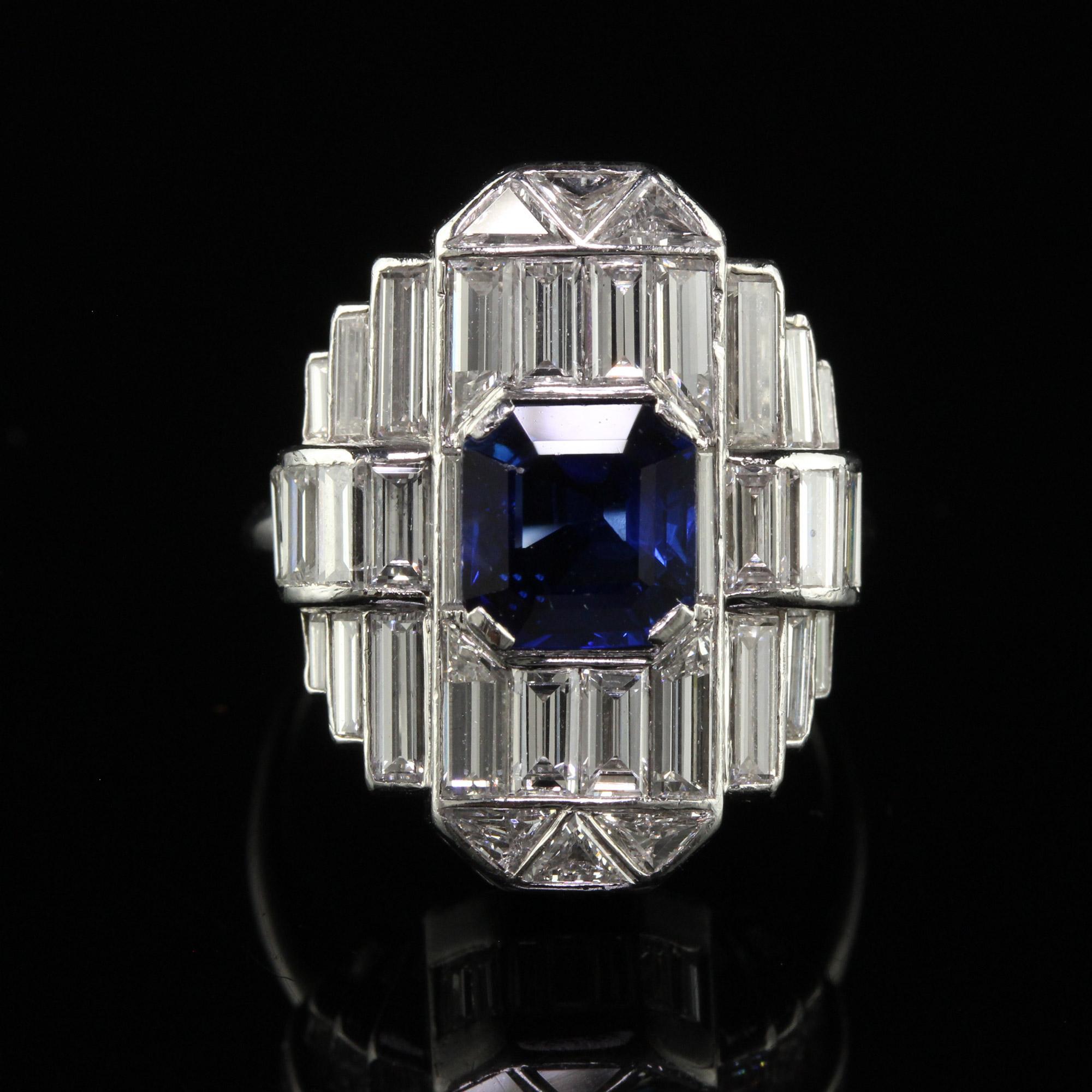 Vintage Art Deco Platinum Baguette Diamond and Sapphire Cocktail Ring - GIA For Sale 2