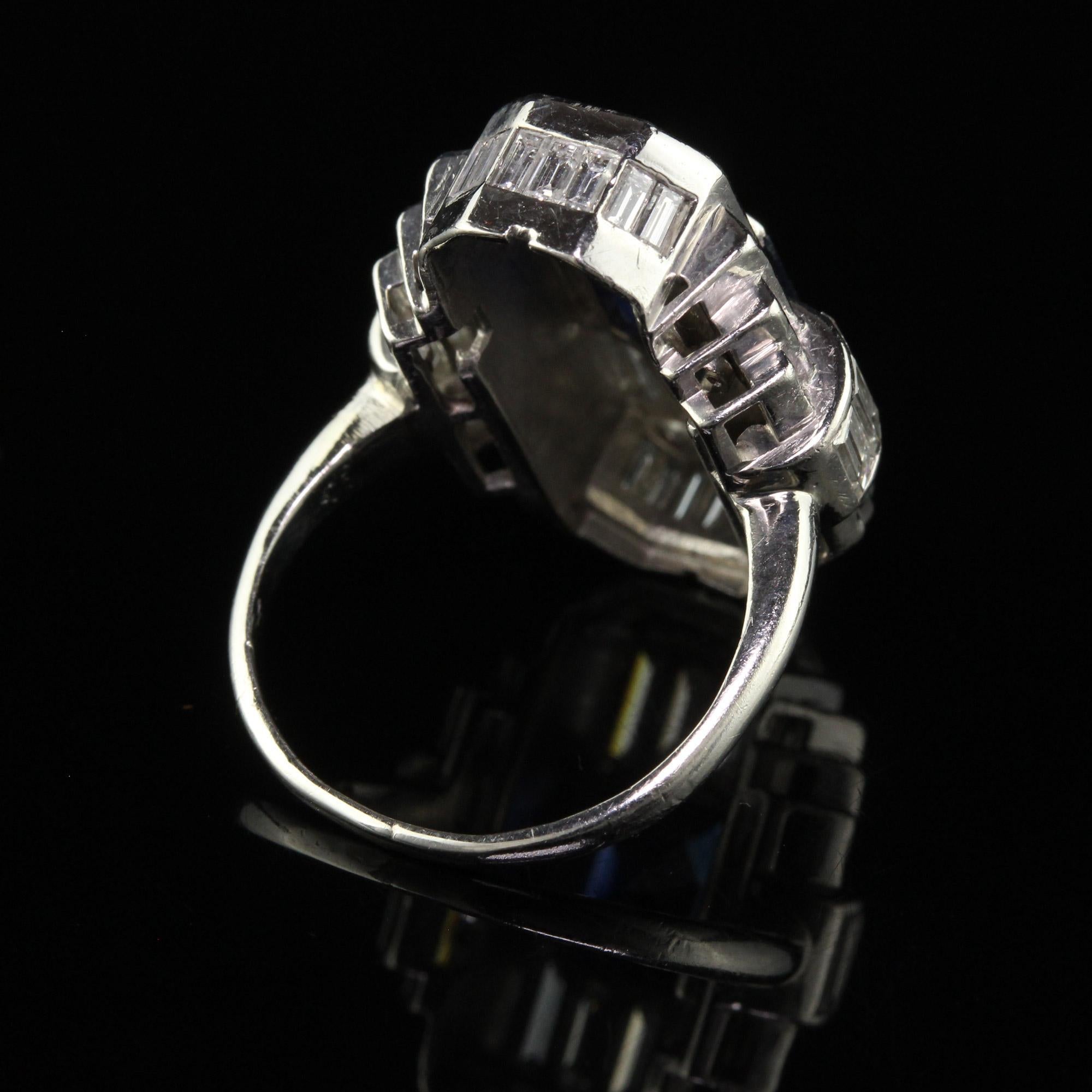 Vintage Art Deco Platinum Baguette Diamond and Sapphire Cocktail Ring - GIA For Sale 3