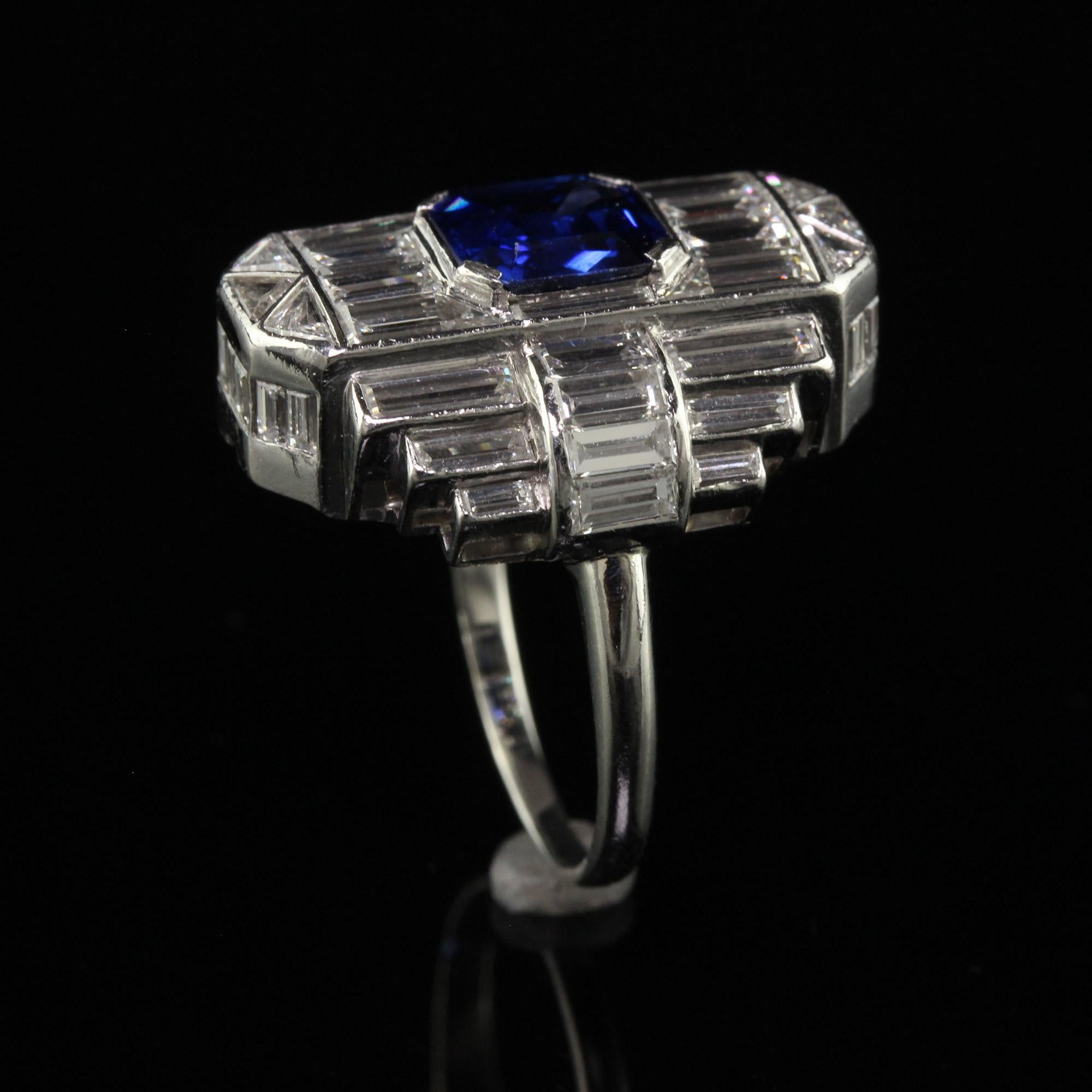 Vintage Art Deco Platinum Baguette Diamond and Sapphire Cocktail Ring - GIA For Sale 4