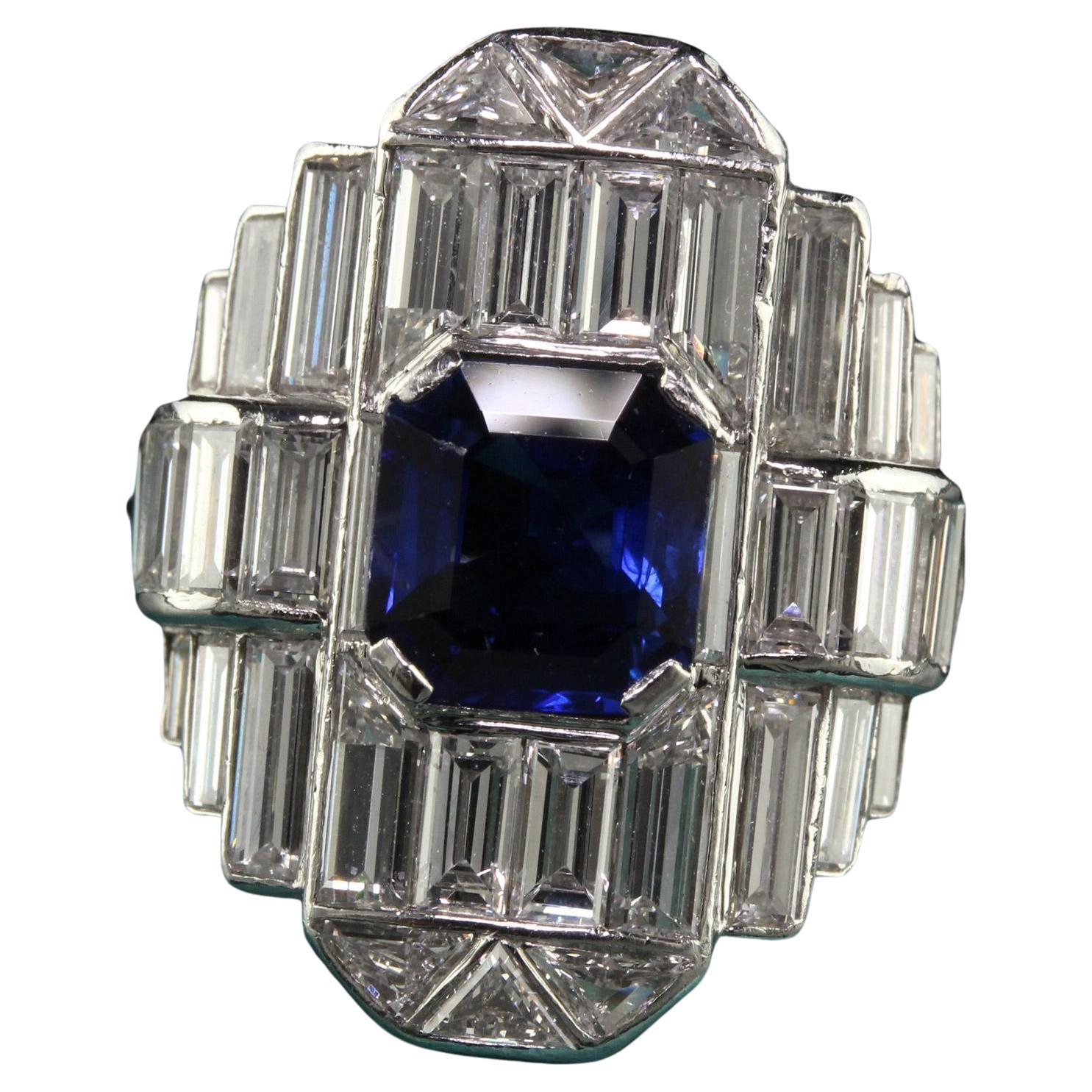Vintage Art Deco Platinum Baguette Diamond and Sapphire Cocktail Ring - GIA For Sale