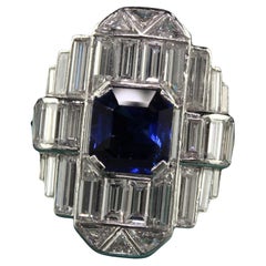 Vintage Art Deco Platinum Baguette Diamond and Sapphire Cocktail Ring - GIA