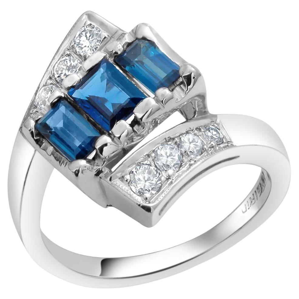 Emerald Cut Vintage Art Deco Platinum Diamond and Sapphire 1.60 Carat Cocktail Cluster Ring For Sale