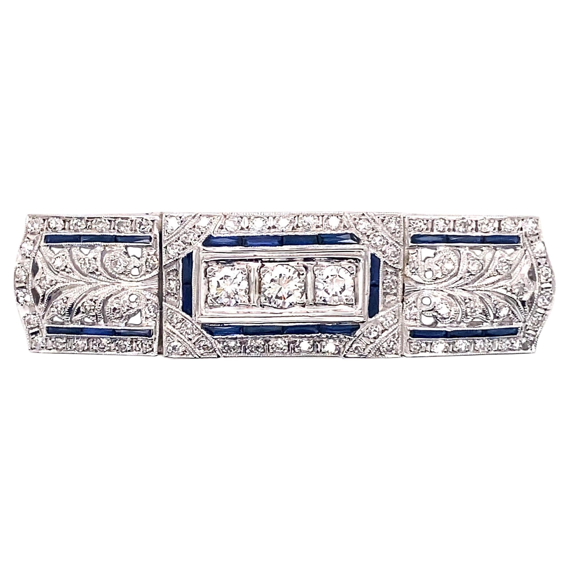Anstecknadel aus Platin mit Diamanten und Saphiren im Art déco-Stil