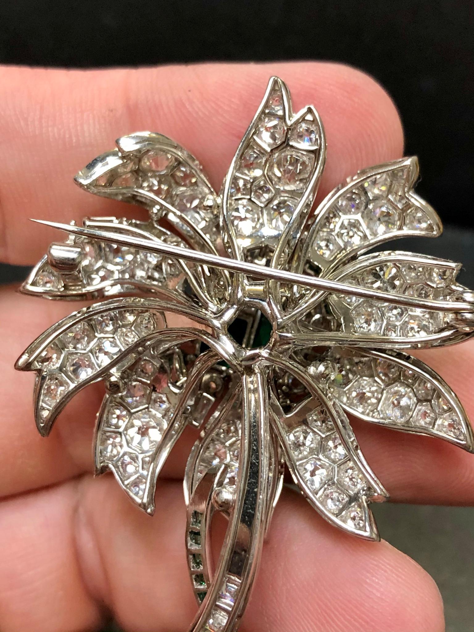 Vintage Art Deco Platinum Asscher Diamond Emerald Flower Brooch Pin 11.16cttw For Sale 3