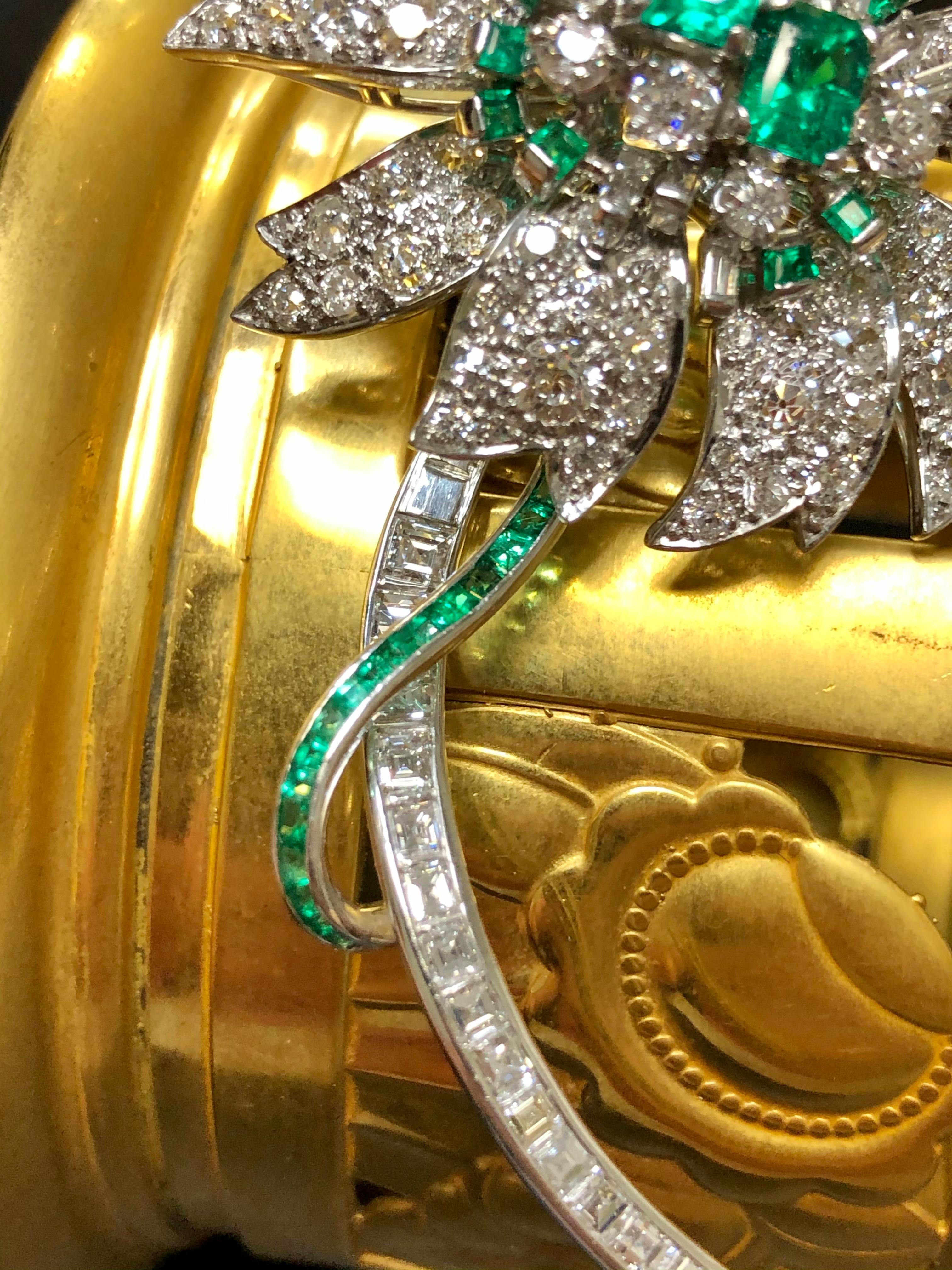 De las mujeres Alfiler vintage Art Decó Platino Diamante Asscher Esmeralda Flor Alfiler 11,16cttw