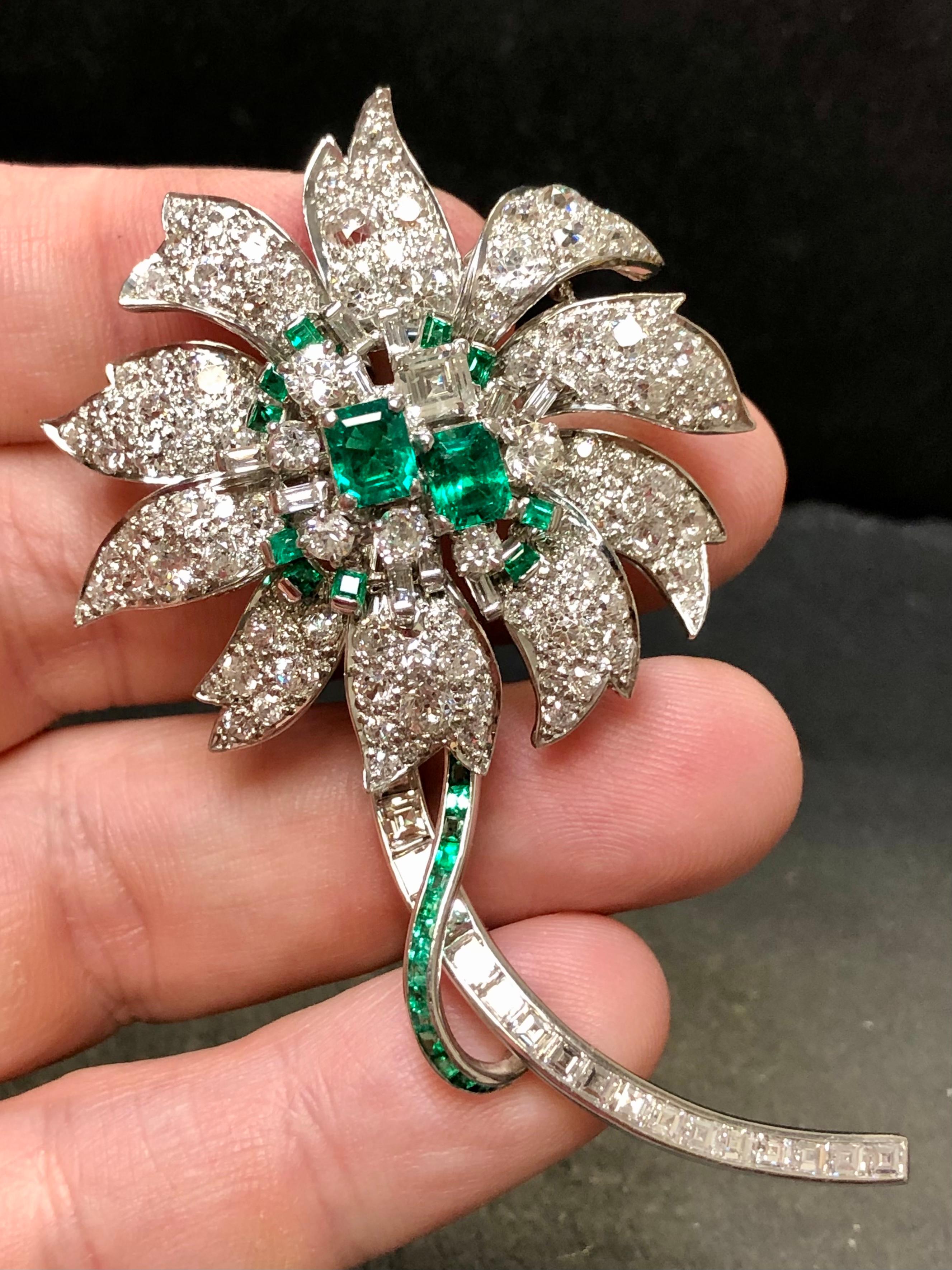 Vintage Art Deco Platinum Asscher Diamond Emerald Flower Brooch Pin 11.16cttw For Sale 1