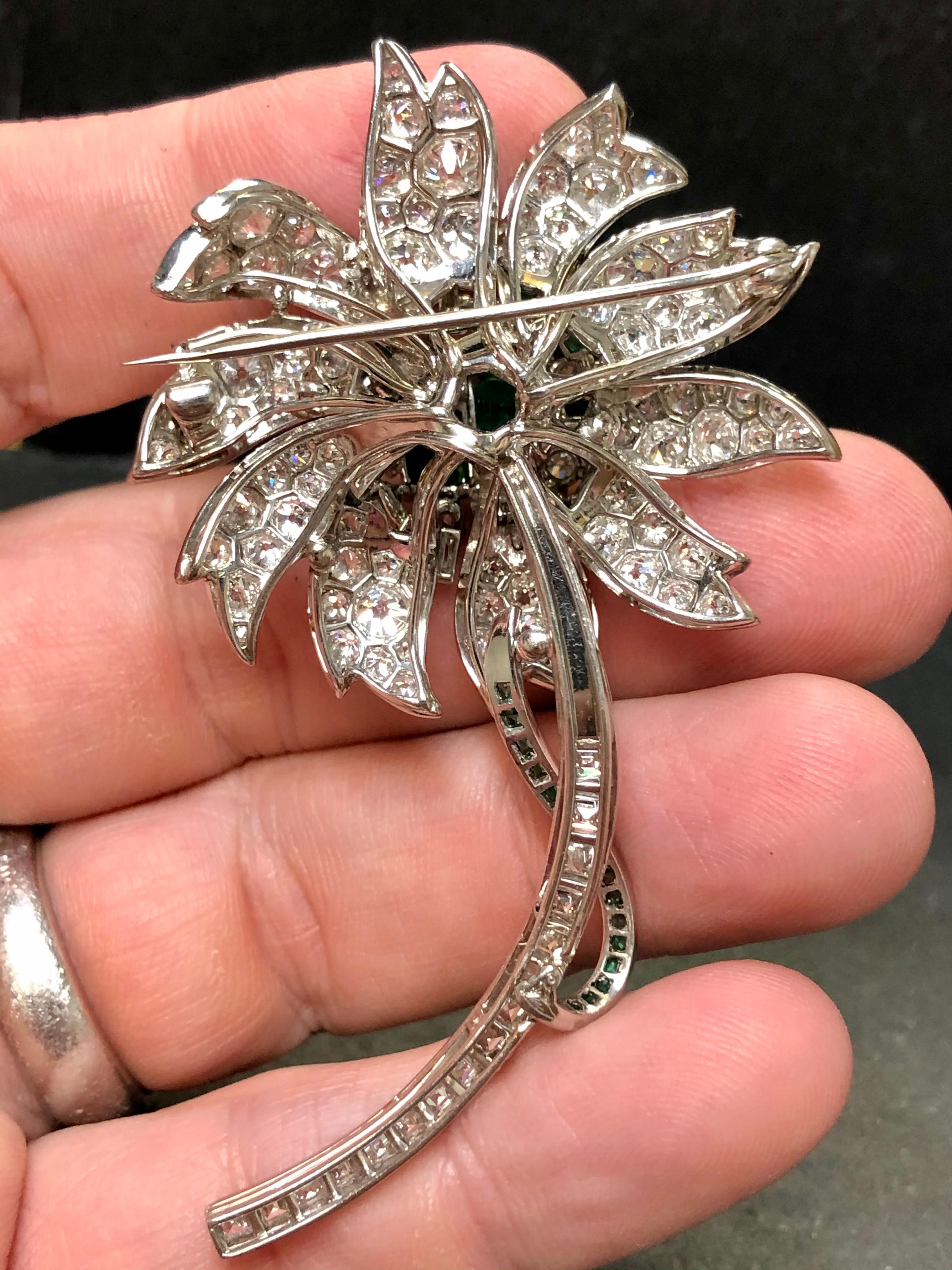 Vintage Art Deco Platinum Asscher Diamond Emerald Flower Brooch Pin 11.16cttw For Sale 2