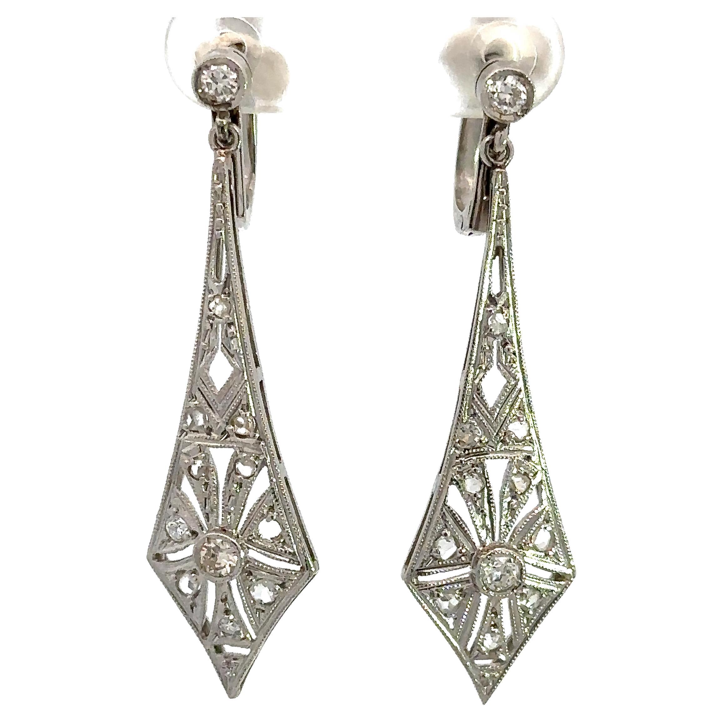 Vintage Art Deco Platinum Diamond Pendulum Earrings