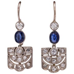 Vintage Art Deco Platinum Diamond Sapphire Dangle Earrings 0.60 Carat Antique Art Deco Platinum Diamond Sapphire Dangle Earrings 0.60 Carat