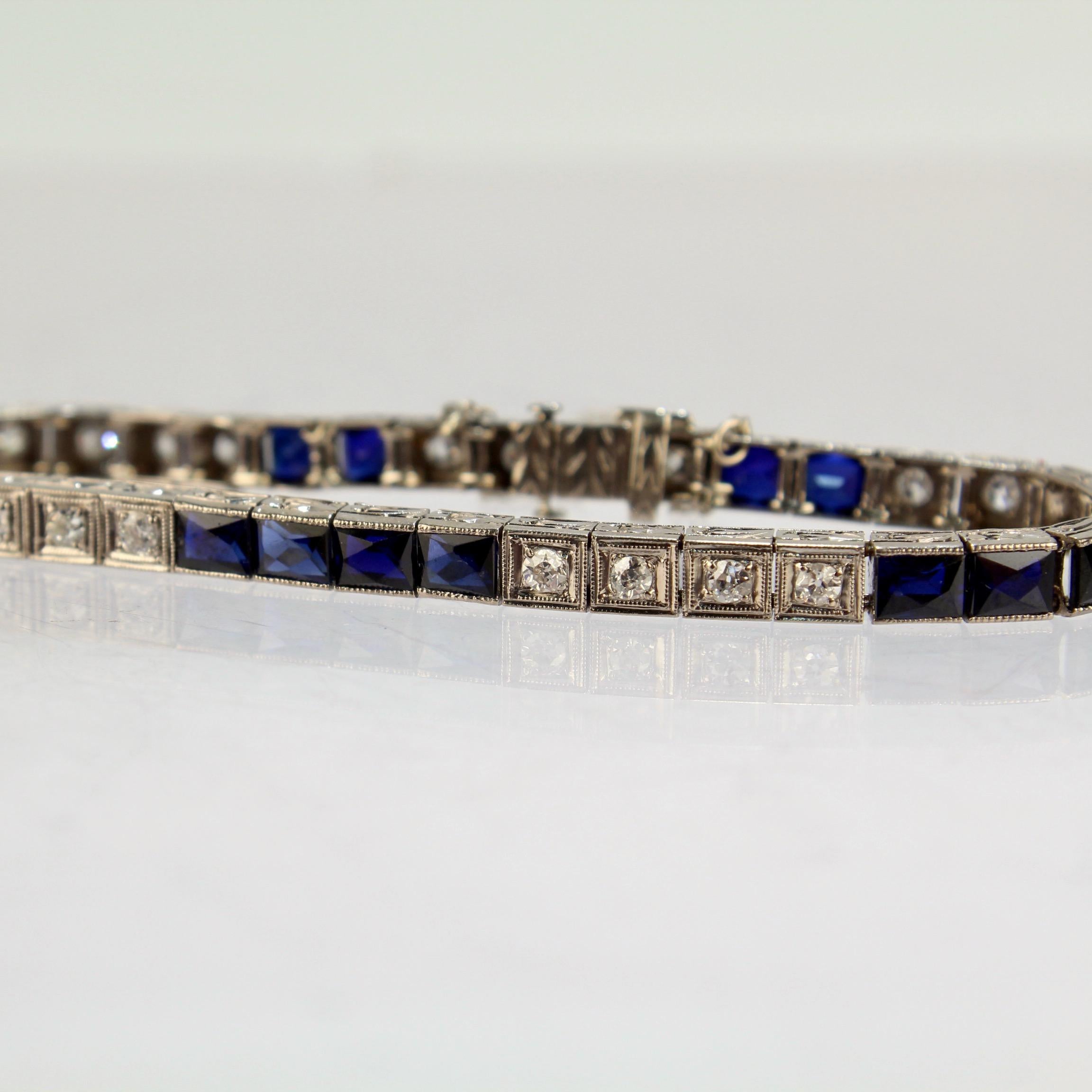 French Cut Vintage Art Deco Platinum Diamond and Sapphire Tennis Bracelet
