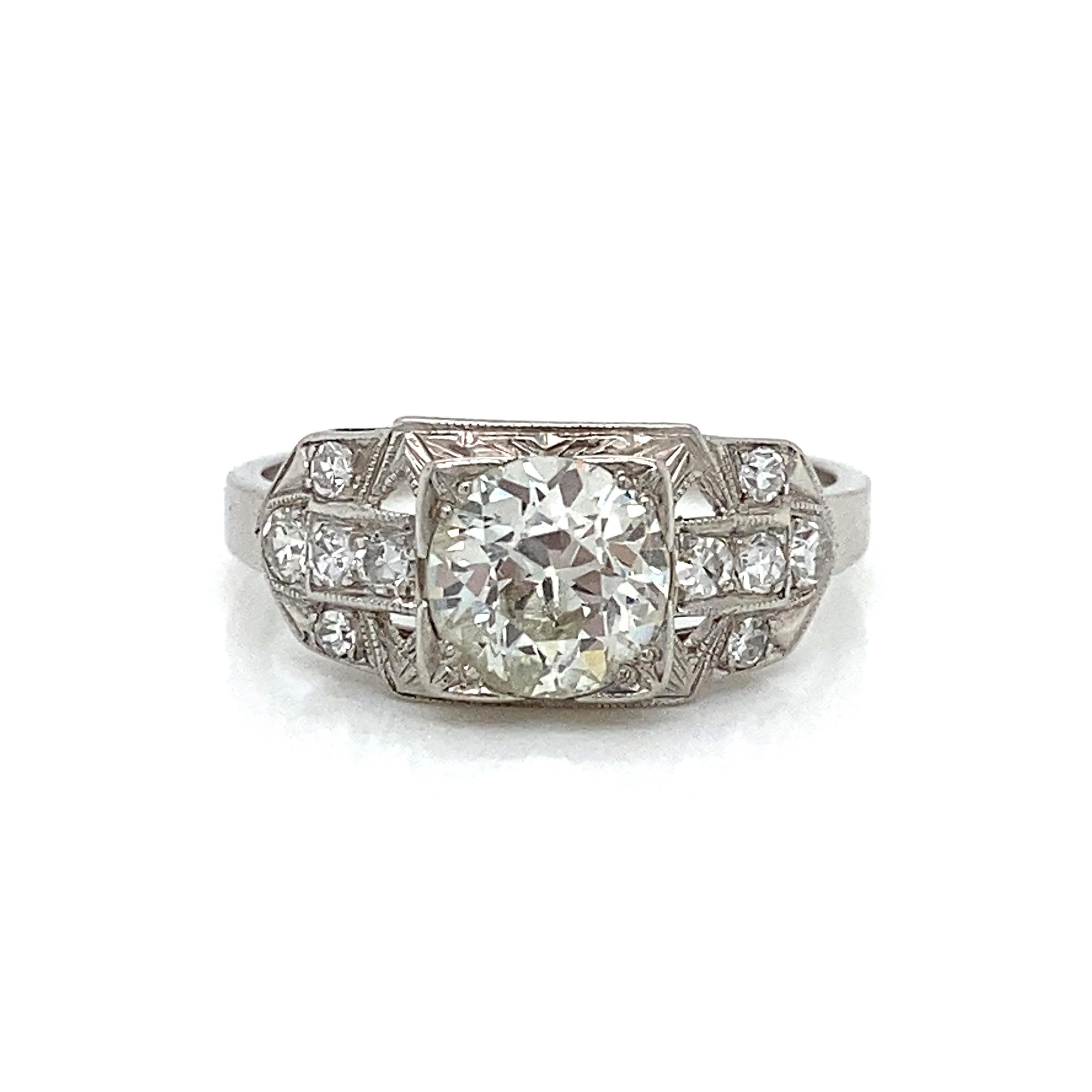 Vintage Art Deco Platinum Engagement Ring One 0.91ct Old European L VS2 In Good Condition For Sale In Newport Beach, CA