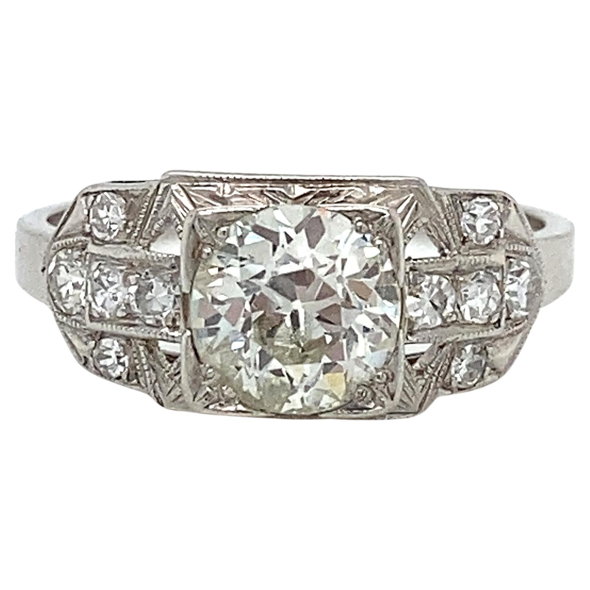 Vintage Art Deco Platinum Engagement Ring One 0.91ct Old European L VS2 For Sale