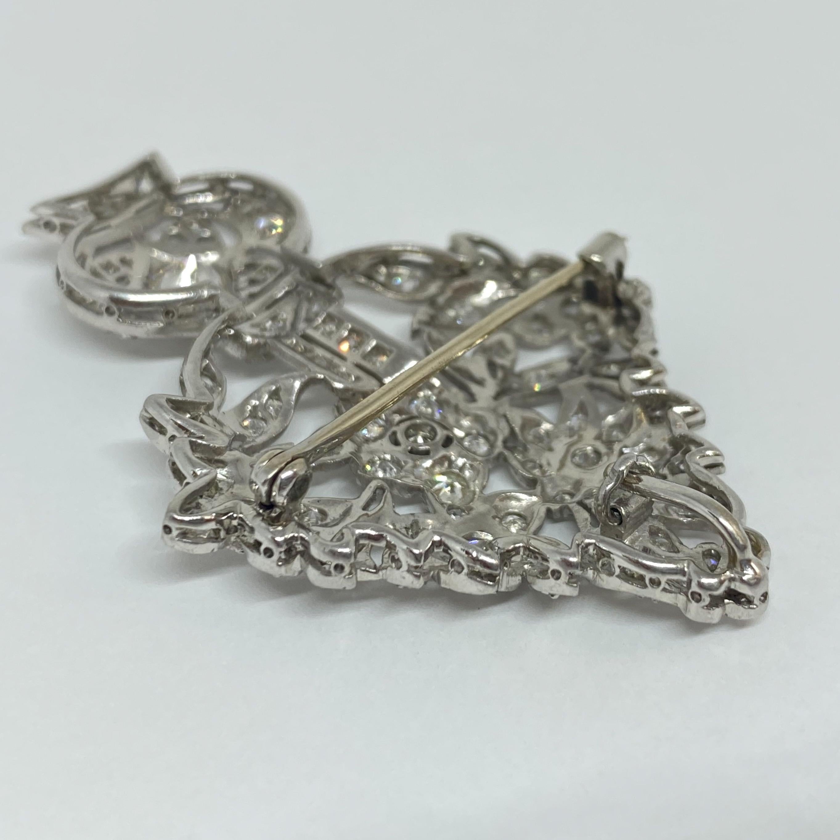 Vintage Art Deco Platinum Filigree Brooch Pendant Flowers in Vase 2.50 Carat In Excellent Condition In Carmel-by-the-Sea, CA
