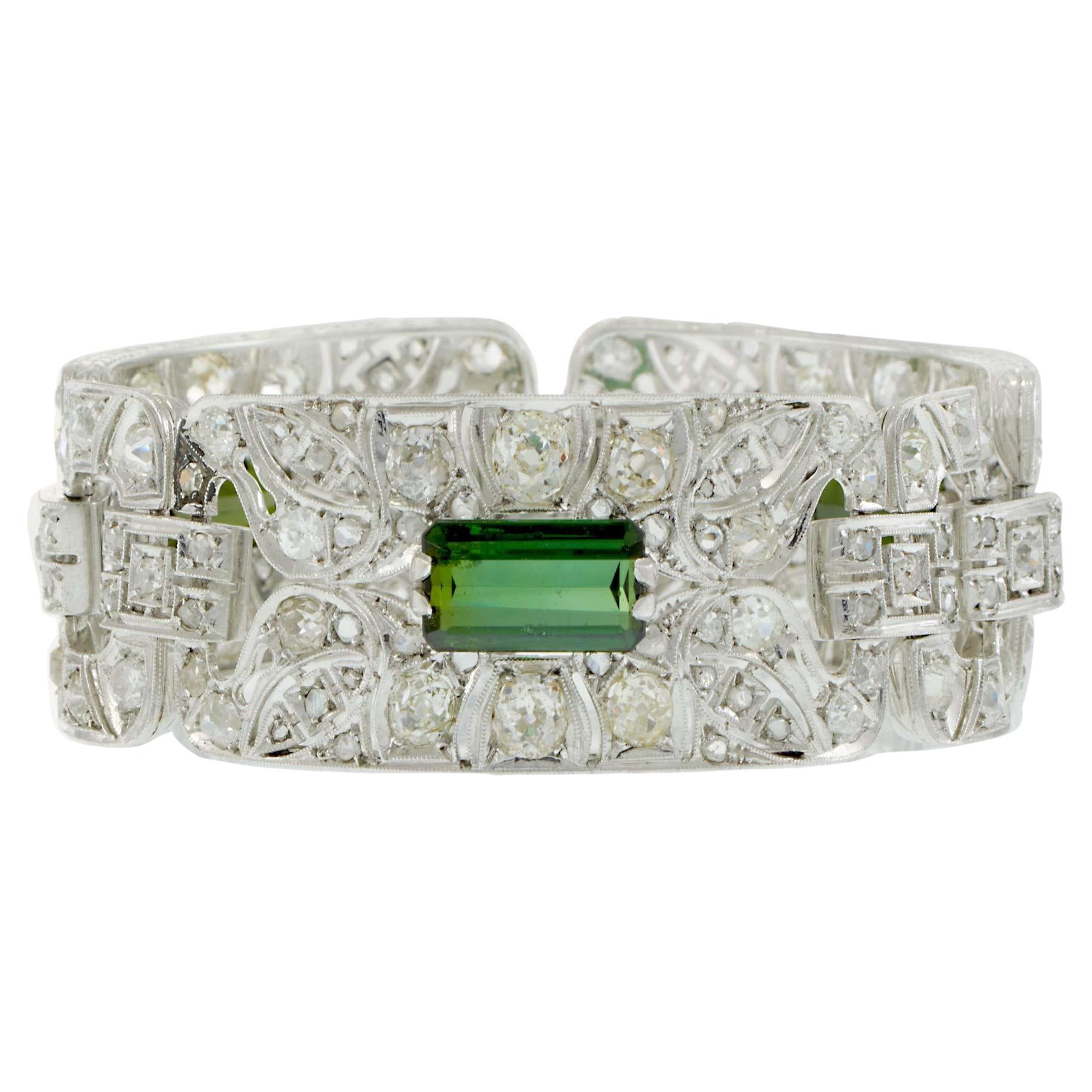 Vintage Art Deco Platinum Green Tourmaline 
Old Mine Cut Diamond Bracelet For Sale