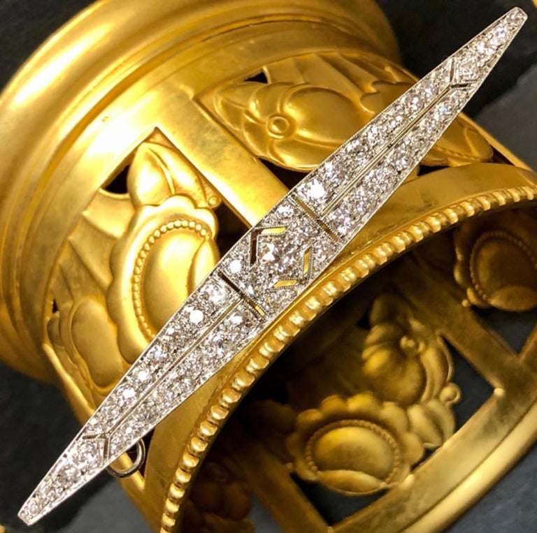 Vintage Art Deco Platinum Long Marquise Diamond Bar Pin Pendant For Sale at 1stDibs