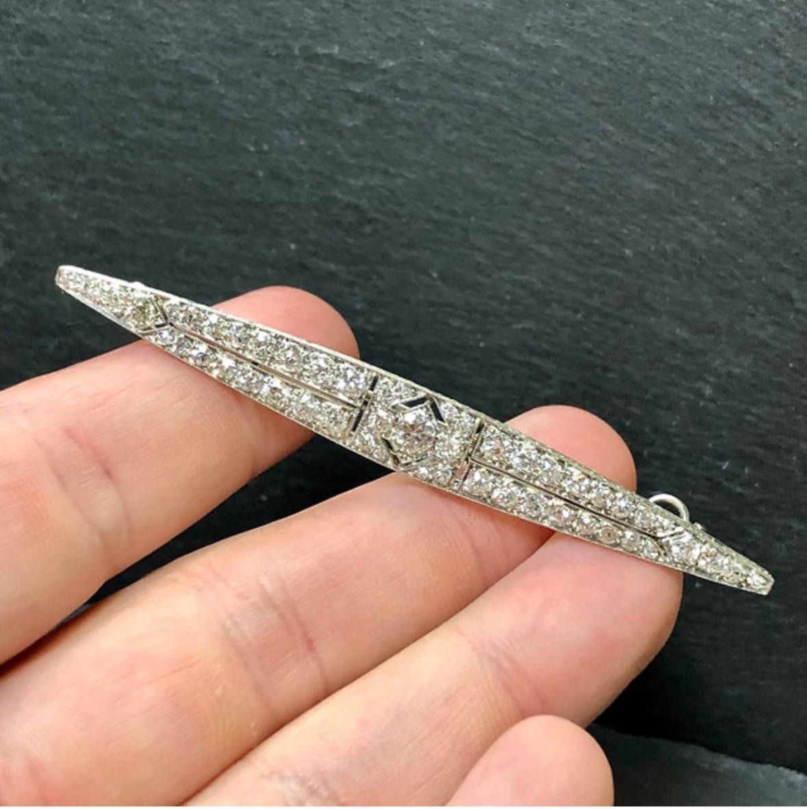 Vintage Art Deco Platinum Long Marquise Diamond Bar Pin Pendant For Sale 2
