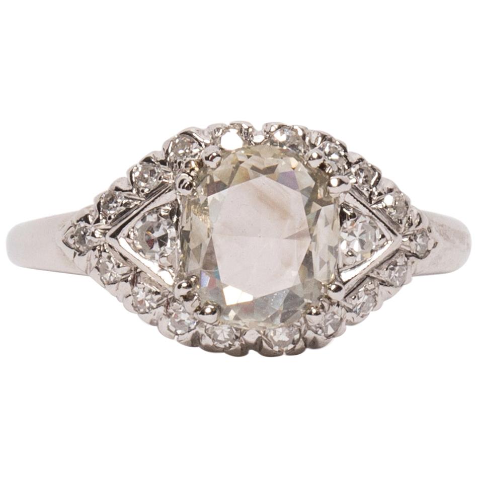 Vintage Art Deco Platinum Rose Cut Diamond Engagement Ring with Diamond Accents