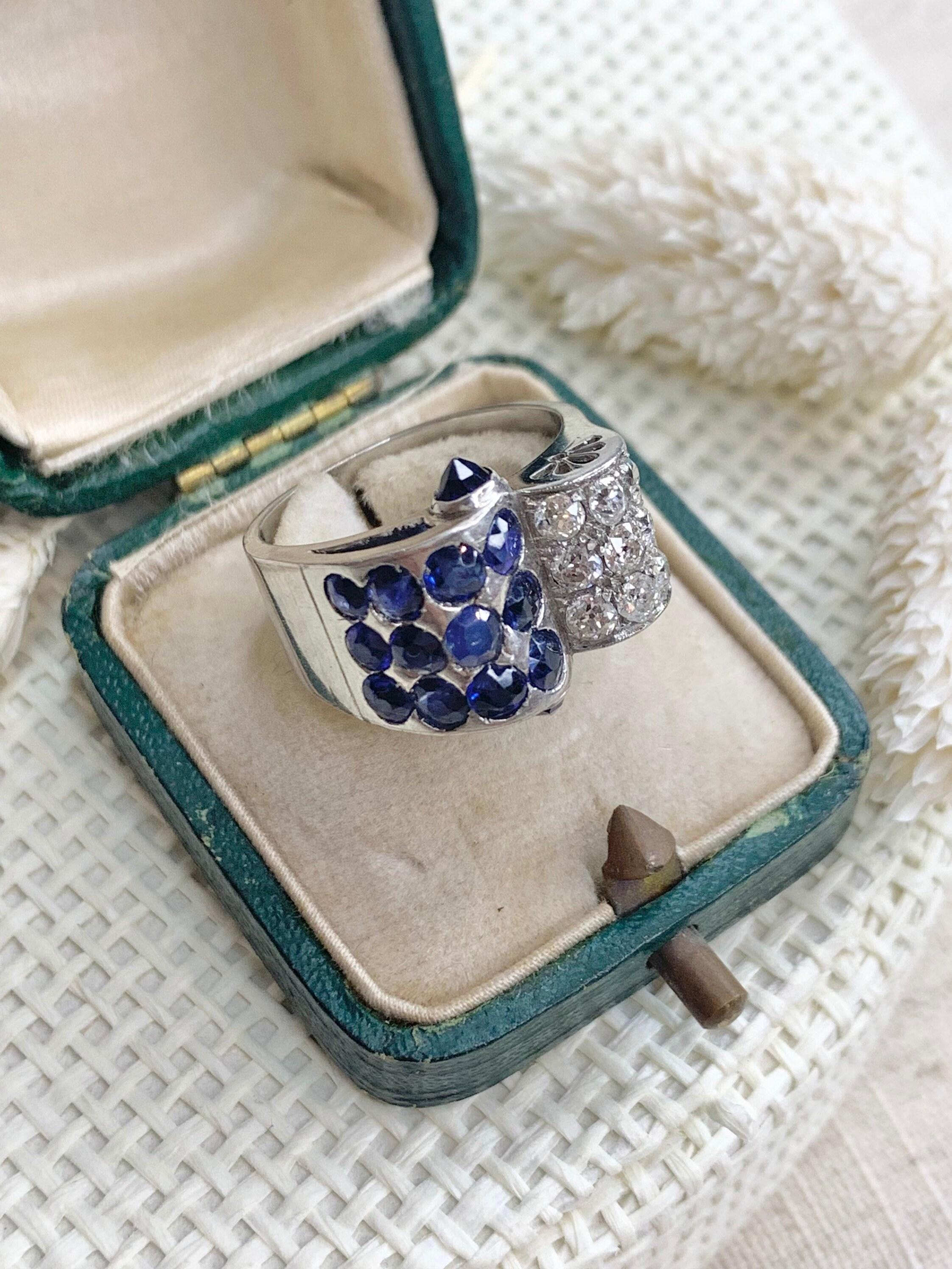 Vintage Art Deco Platinum Sapphire & Diamond Cocktail Ring  For Sale 5