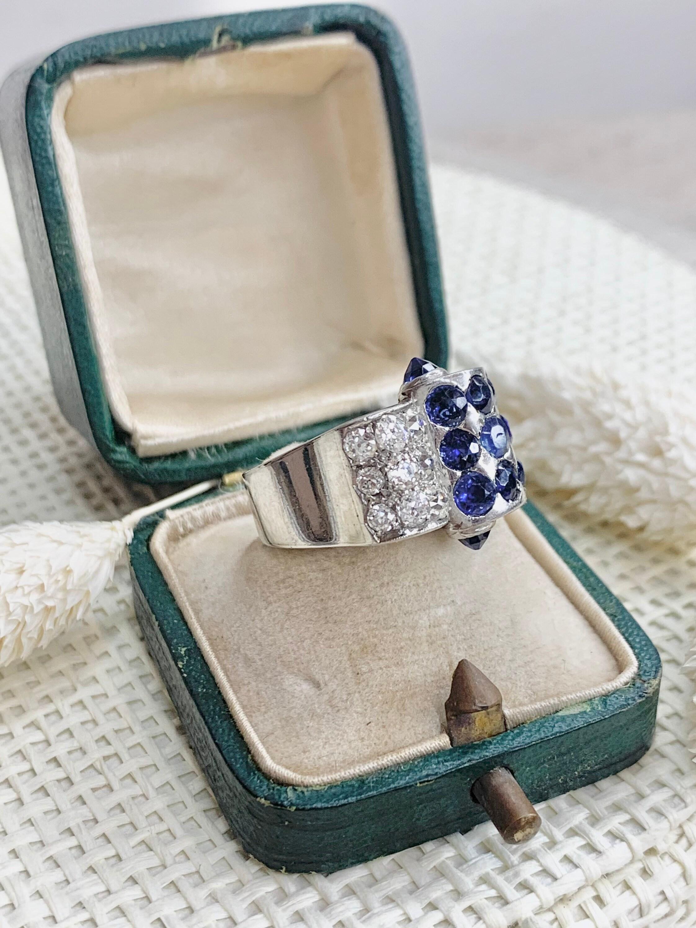 Old European Cut Vintage Art Deco Platinum Sapphire & Diamond Cocktail Ring  For Sale