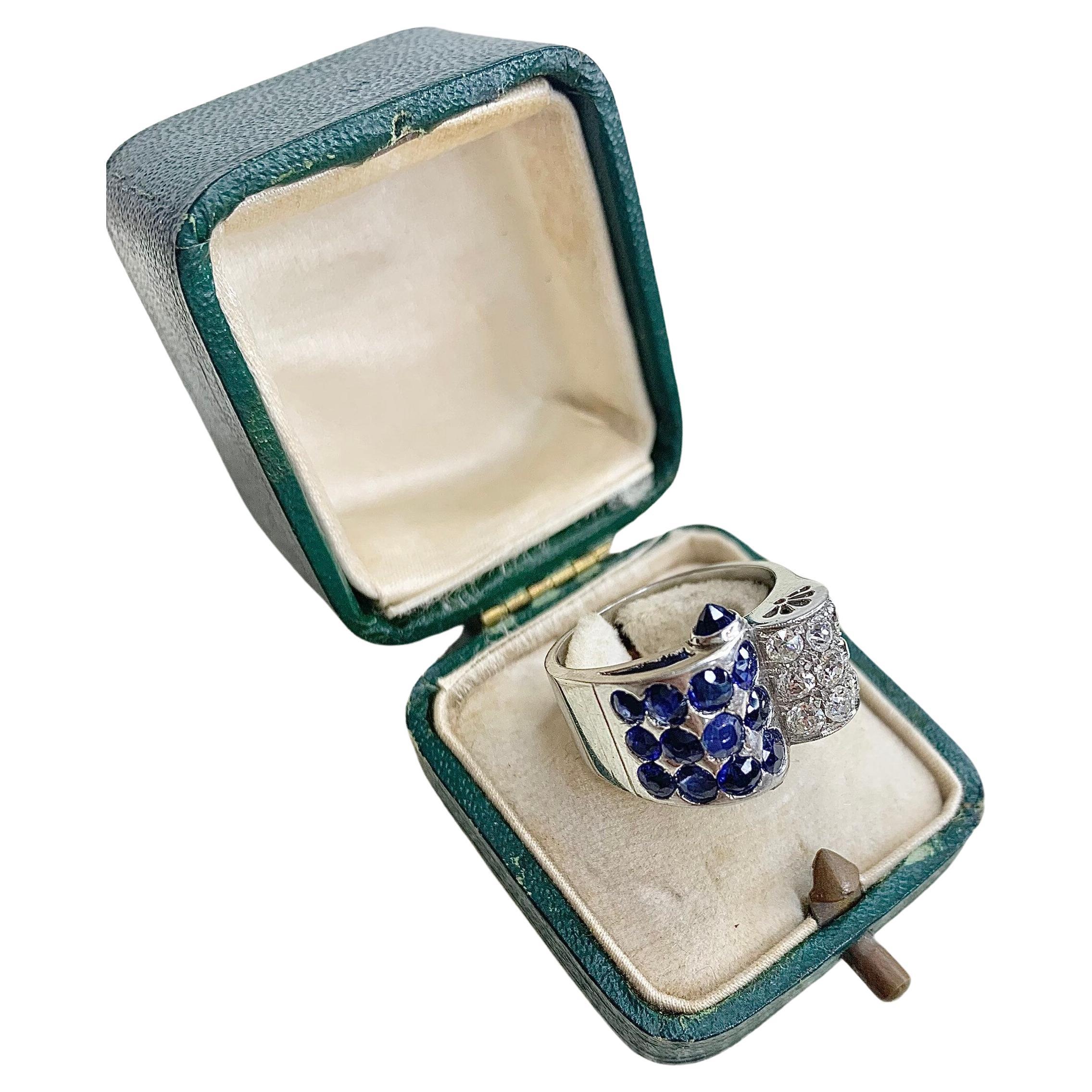 Vintage Art Deco Platinum Sapphire & Diamond Cocktail Ring  For Sale