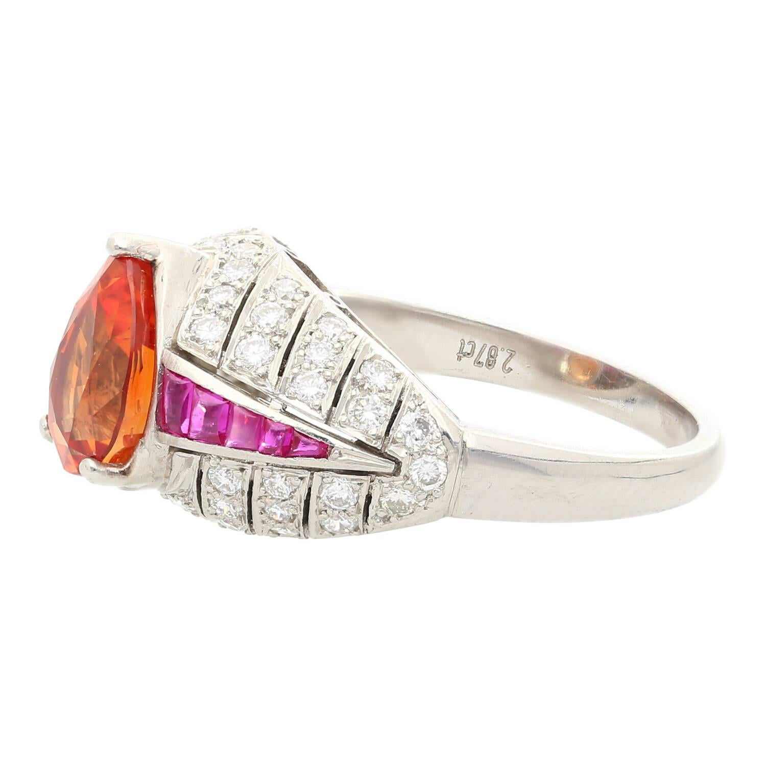 Vintage Art Deco Platinum Set Ring with Pear Cut Orange Sapphire, Ruby & Diamond In Excellent Condition In Miami, FL