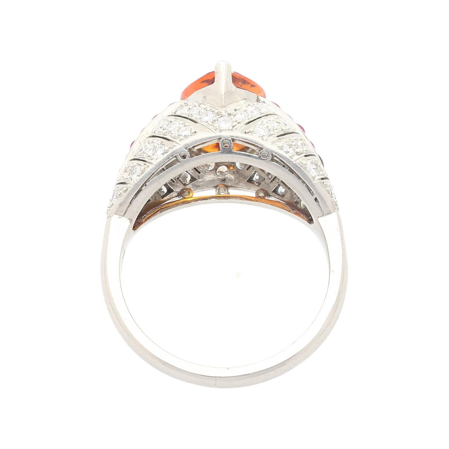 Women's Vintage Art Deco Platinum Set Ring with Pear Cut Orange Sapphire, Ruby & Diamond