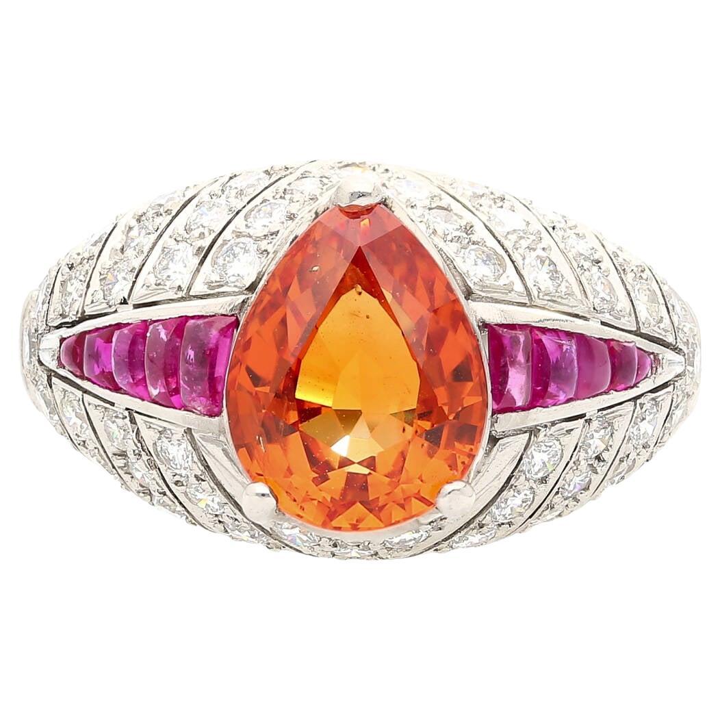 Vintage Art Deco Platinum Set Ring with Pear Cut Orange Sapphire, Ruby & Diamond