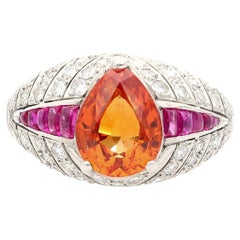 Vintage Art Deco Platinum Set Ring with Pear Cut Orange Sapphire, Ruby & Diamond