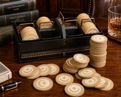 Vintage Art Deco Poker Chip Set with Original Black Metal Case, 104 Clay Chips