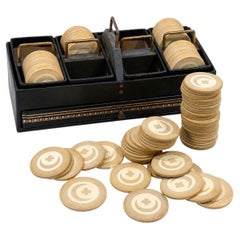 Vintage Art Deco Poker Chip Set with Original Black Metal Case, 104 Clay Chips