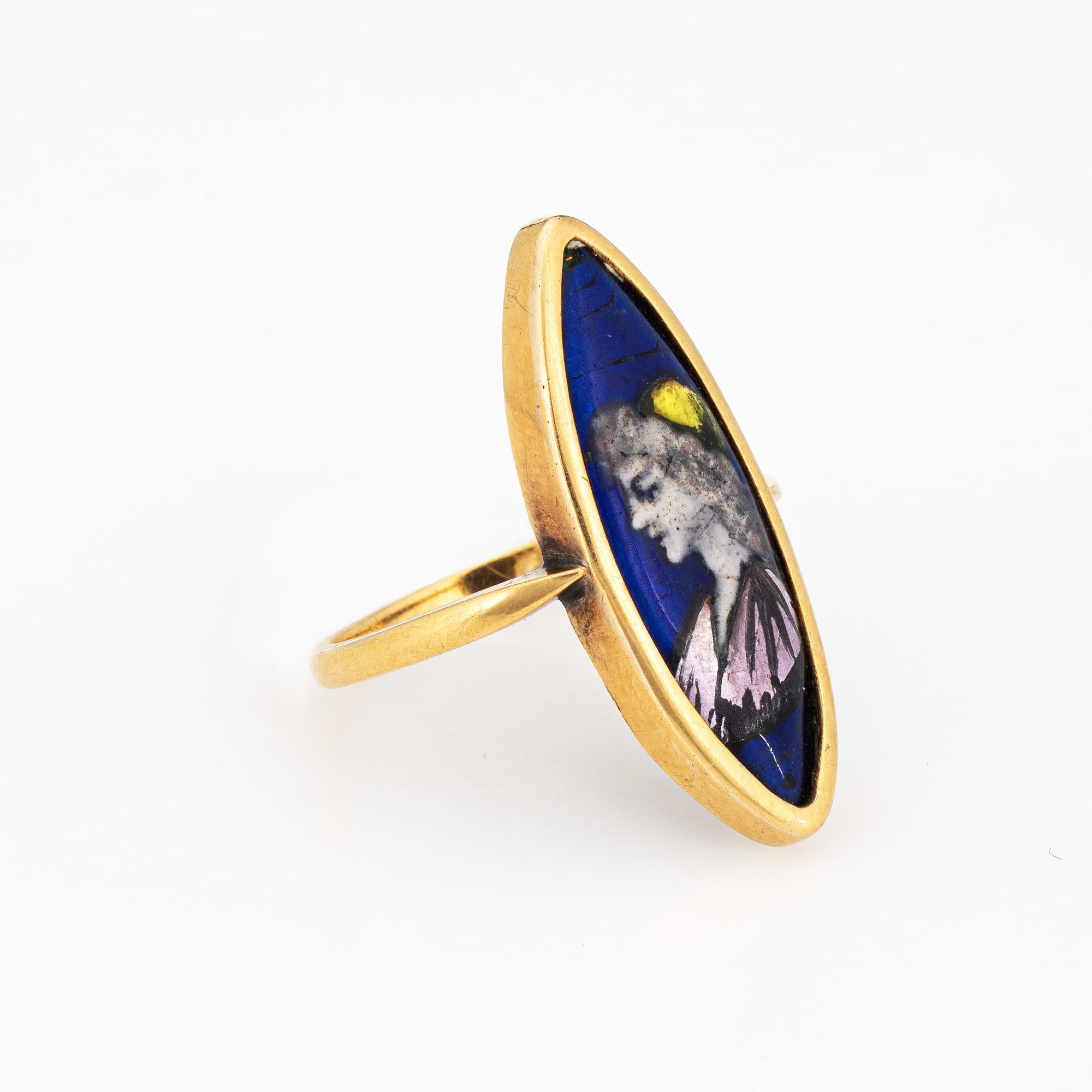 Vintage Art Deco Polychrome Enamel Ring Navette 18k Yellow Gold Sz 6.25 Portrait In Good Condition For Sale In Torrance, CA