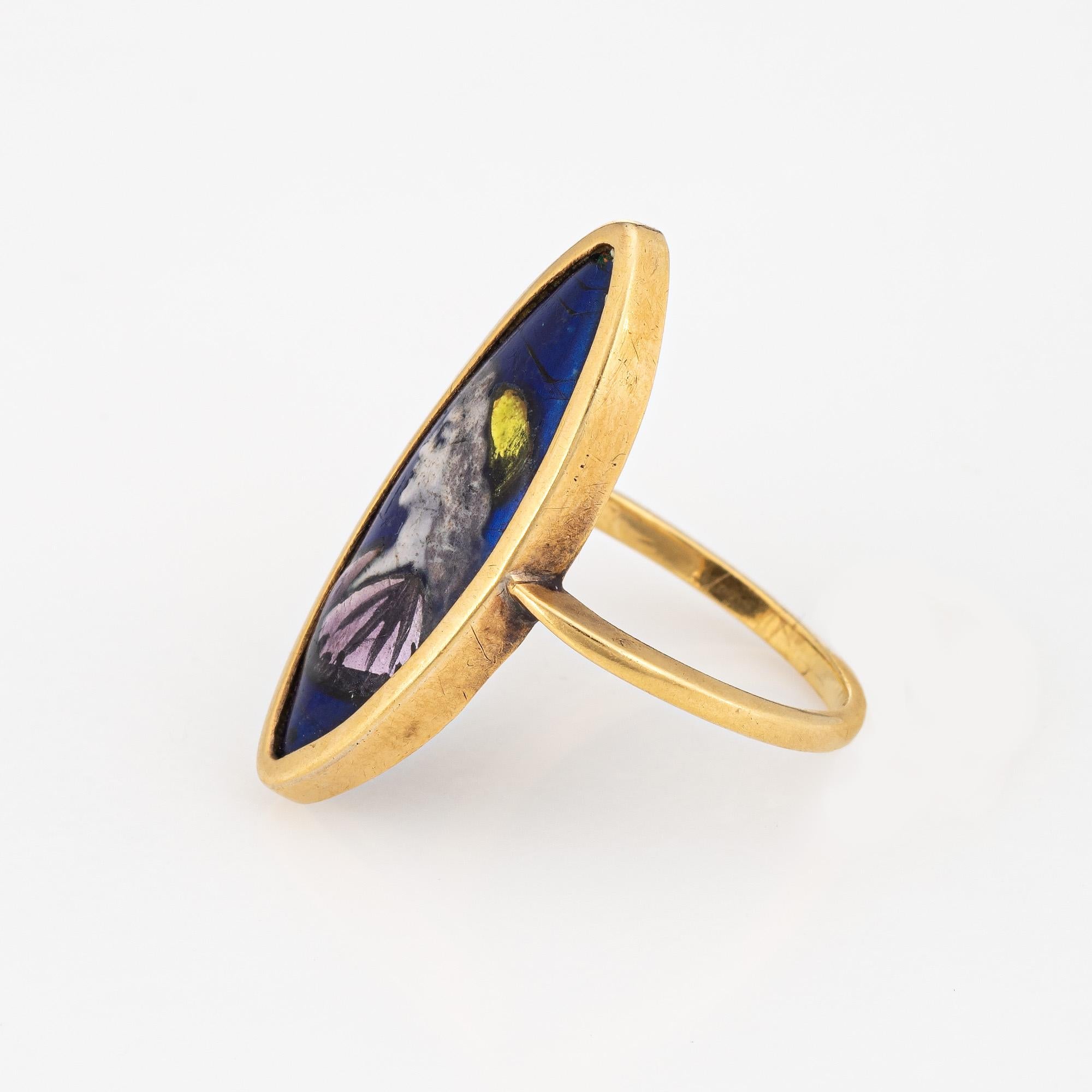 Women's Vintage Art Deco Polychrome Enamel Ring Navette 18k Yellow Gold Sz 6.25 Portrait For Sale
