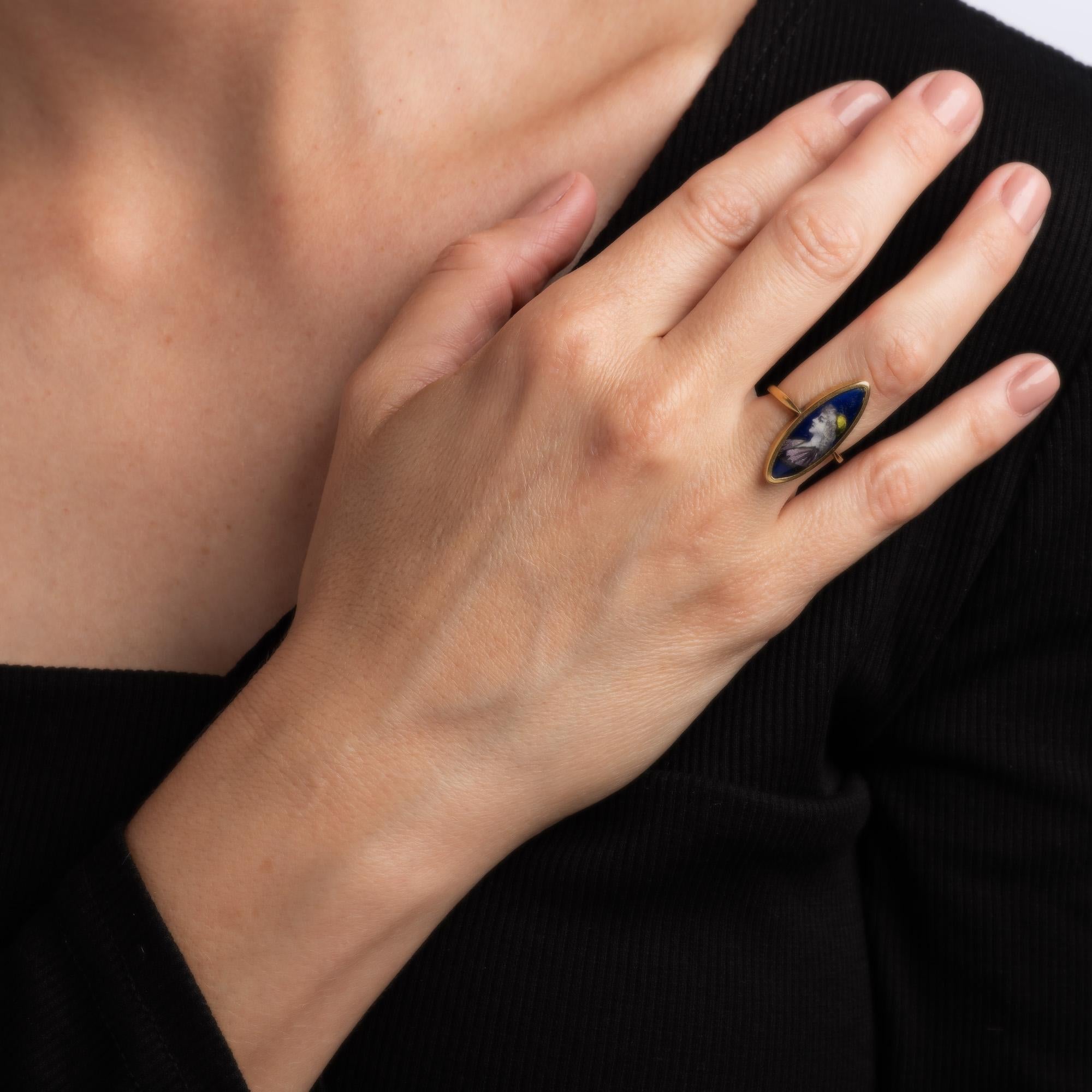 Vintage Art Deco Polychrome Enamel Ring Navette 18k Yellow Gold Sz 6.25 Portrait For Sale 2