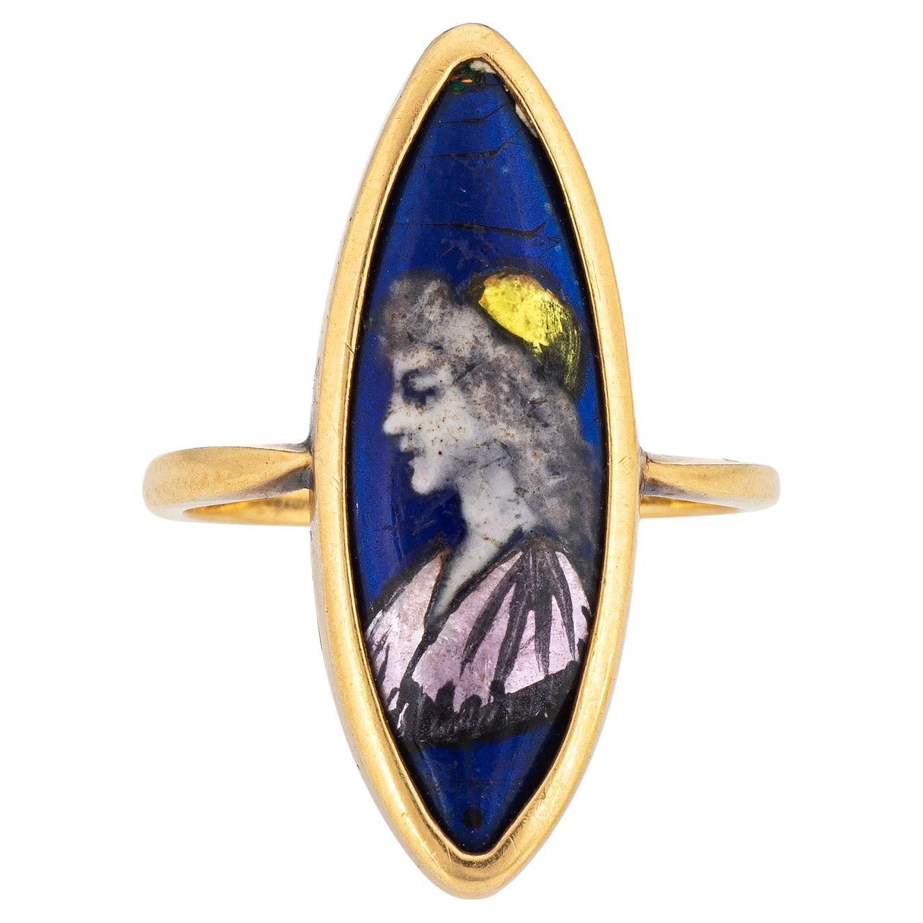 Anillo Vintage Art Decó Esmalte Policromado Navette Oro Amarillo 18k Sz 6.25 Retrato