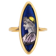 Vintage Art Deco Polychromer Emaille-Ring Navette 18k Gelbgold Gr. 6,25 Porträt