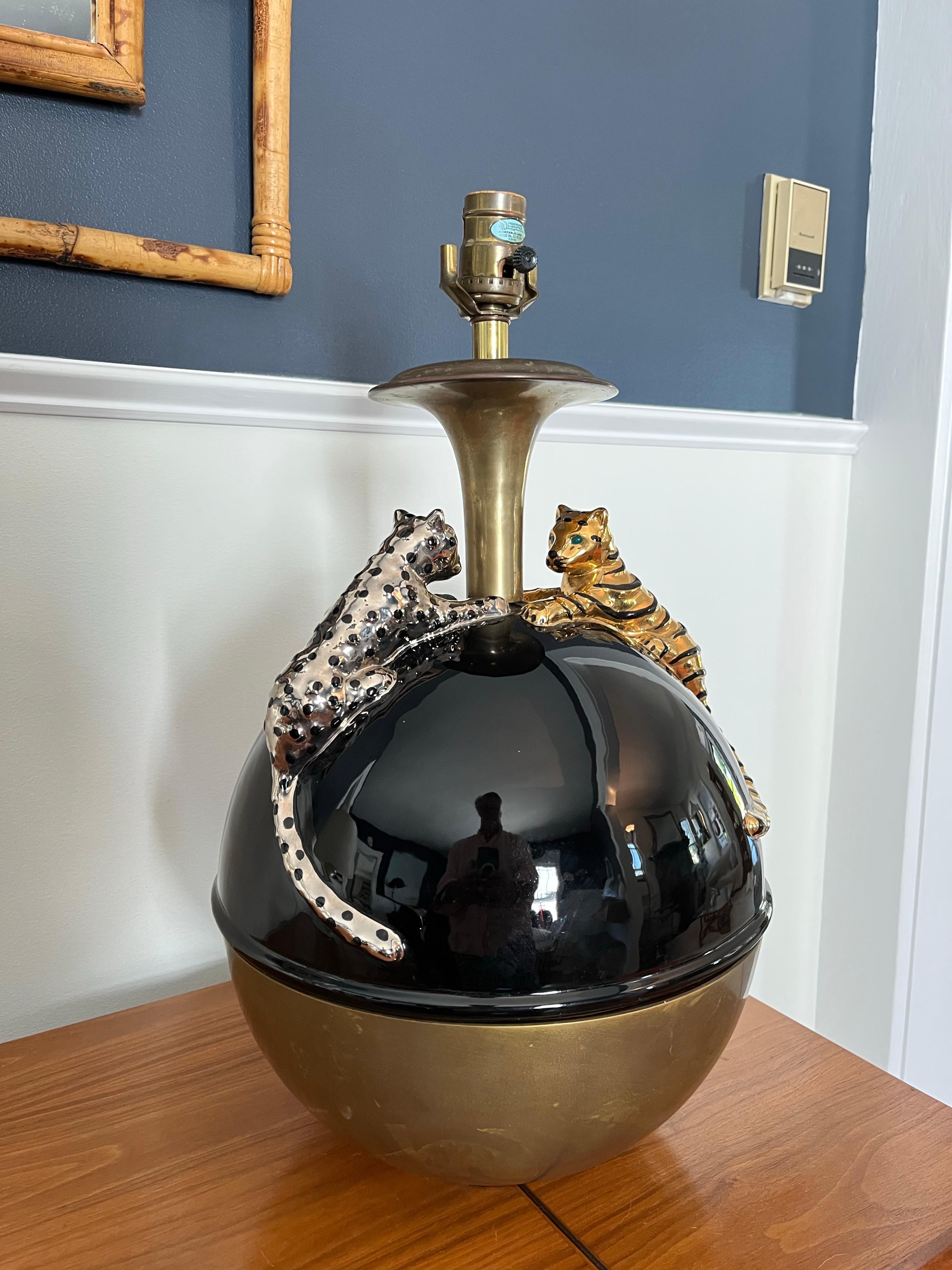 American Vintage Art Deco Porcelain and Brass Chapman Lamp For Sale