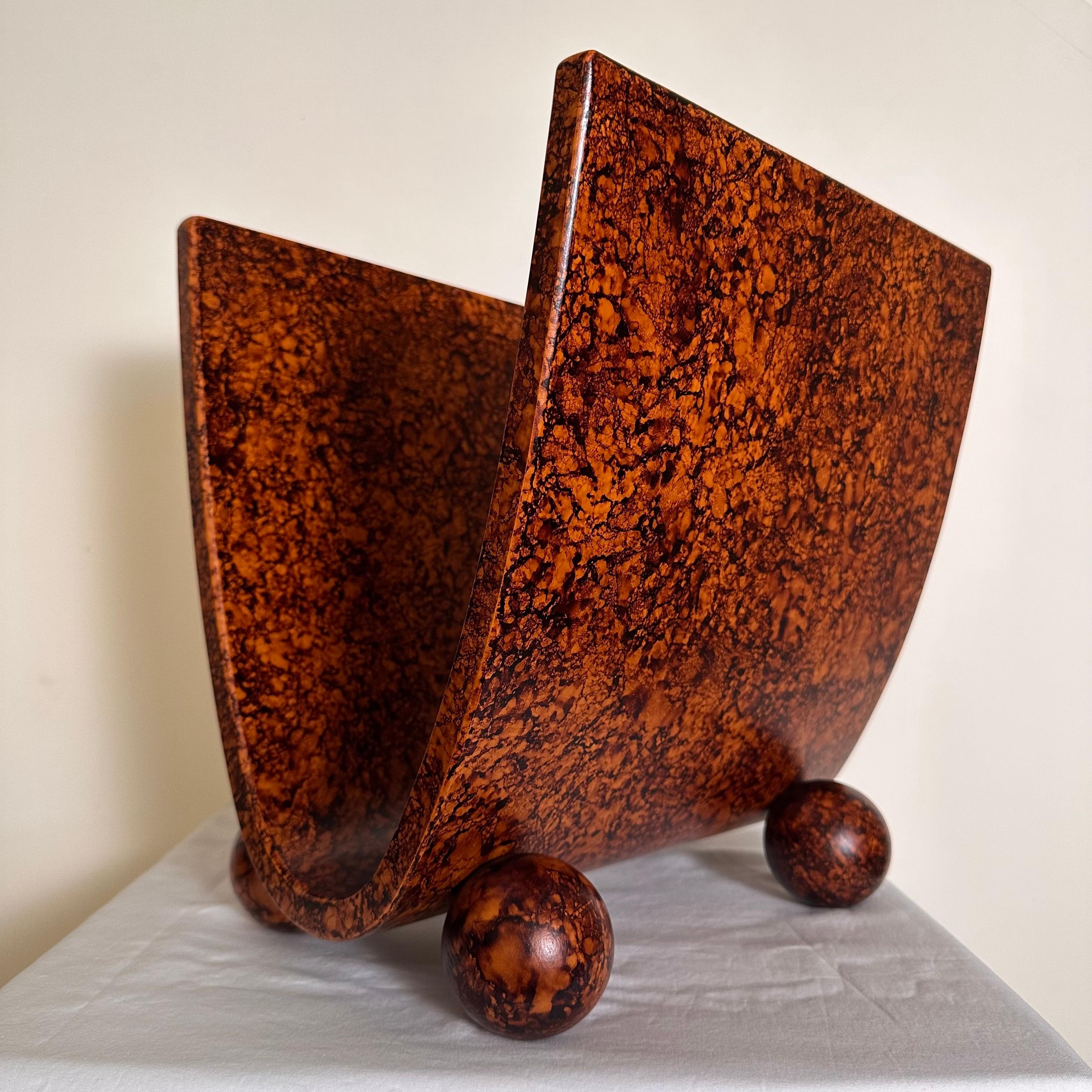 Vintage Art Deco Post Modern Style Magazine Rack in Faux Burl Wood Stain Finish For Sale 5