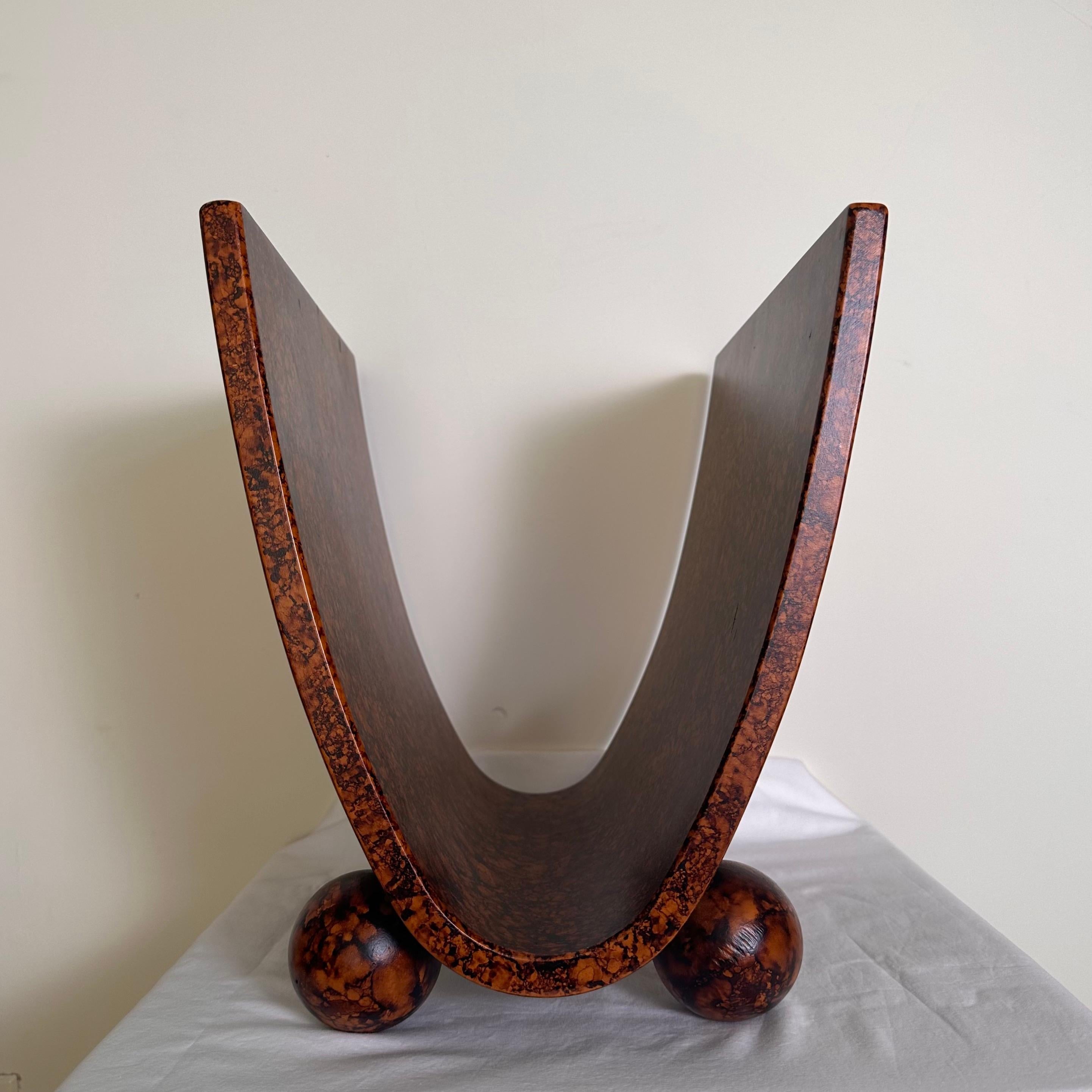 Stained Vintage Art Deco Post Modern Style Magazine Rack in Faux Burl Wood Stain Finish For Sale
